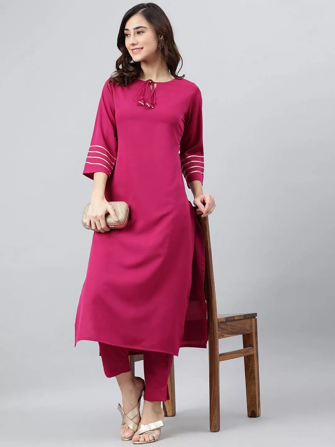 Magenta Poly Crepe Solid Kurta with Pant