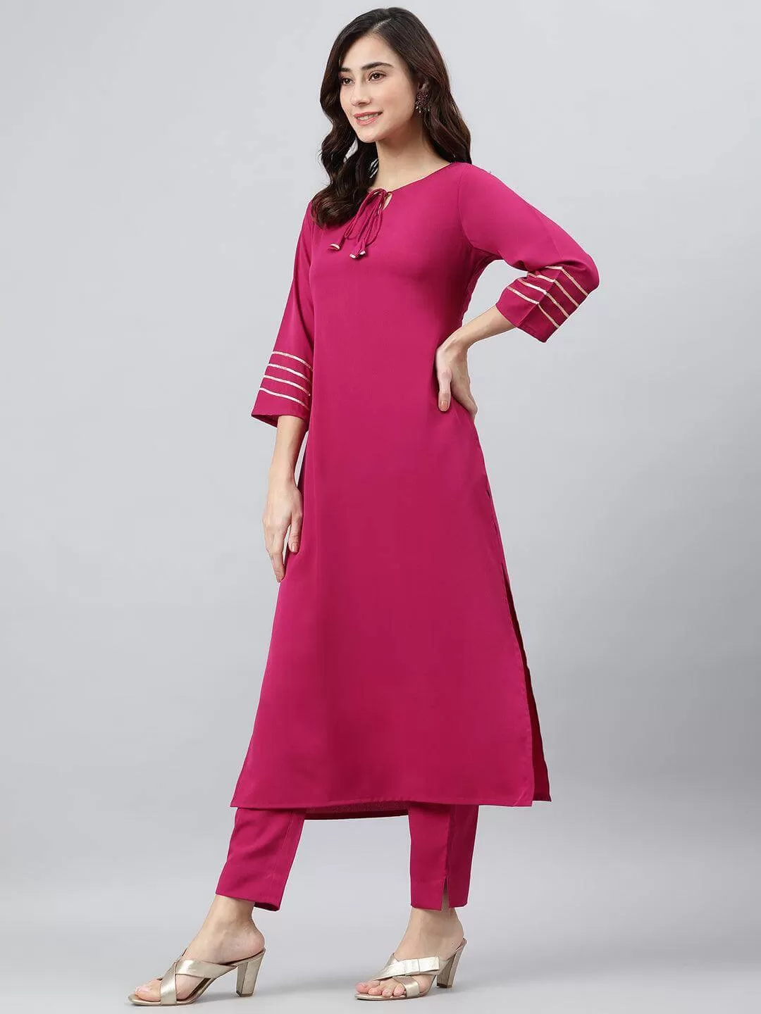 Magenta Poly Crepe Solid Kurta with Pant