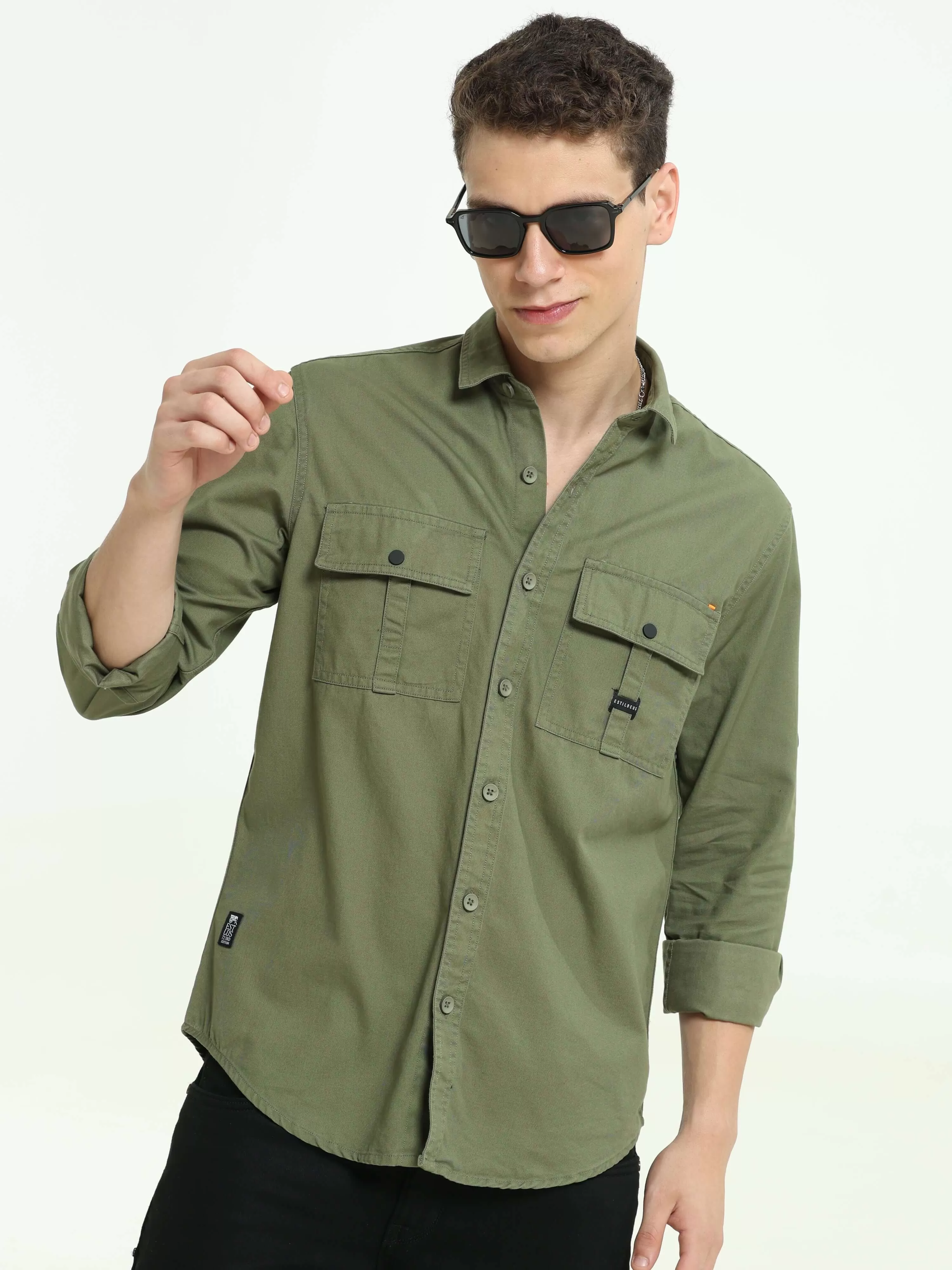 Moss green Solid double pocket shirt