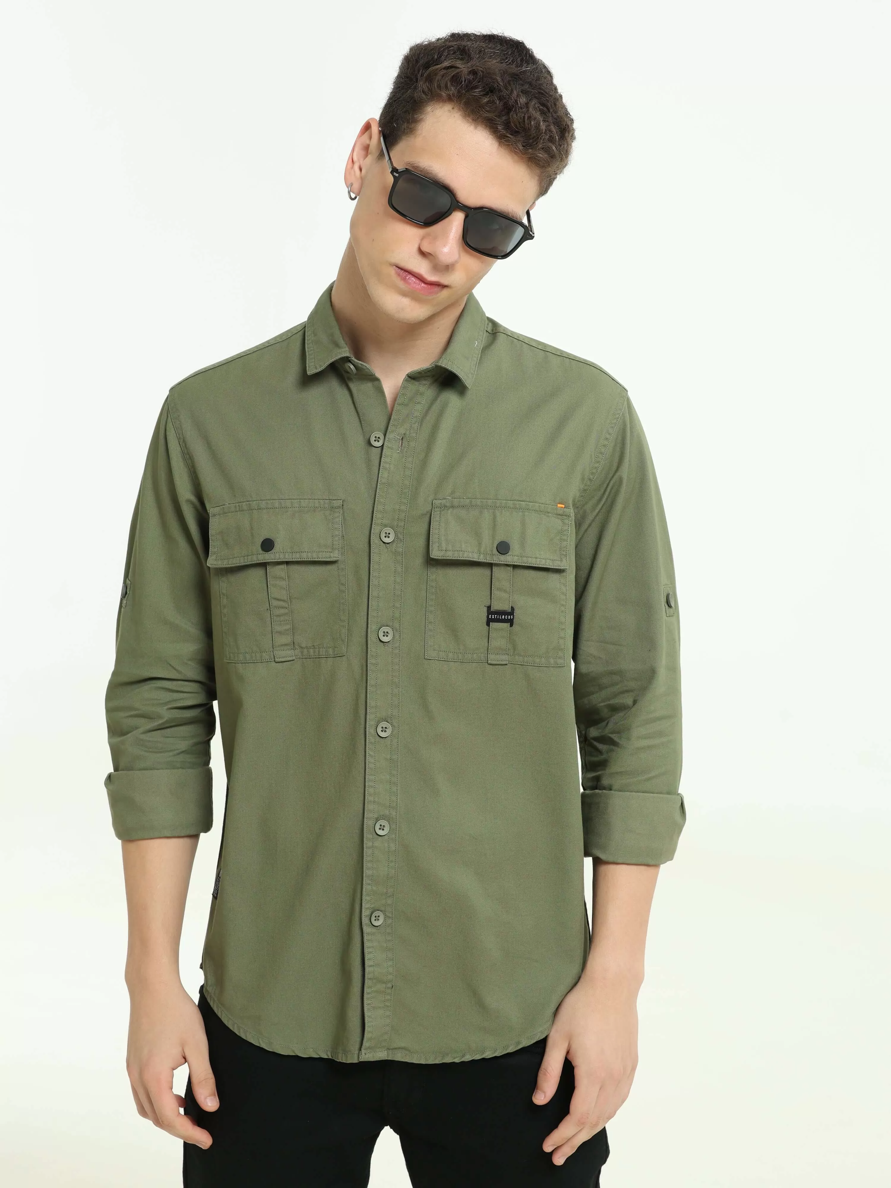 Moss green Solid double pocket shirt