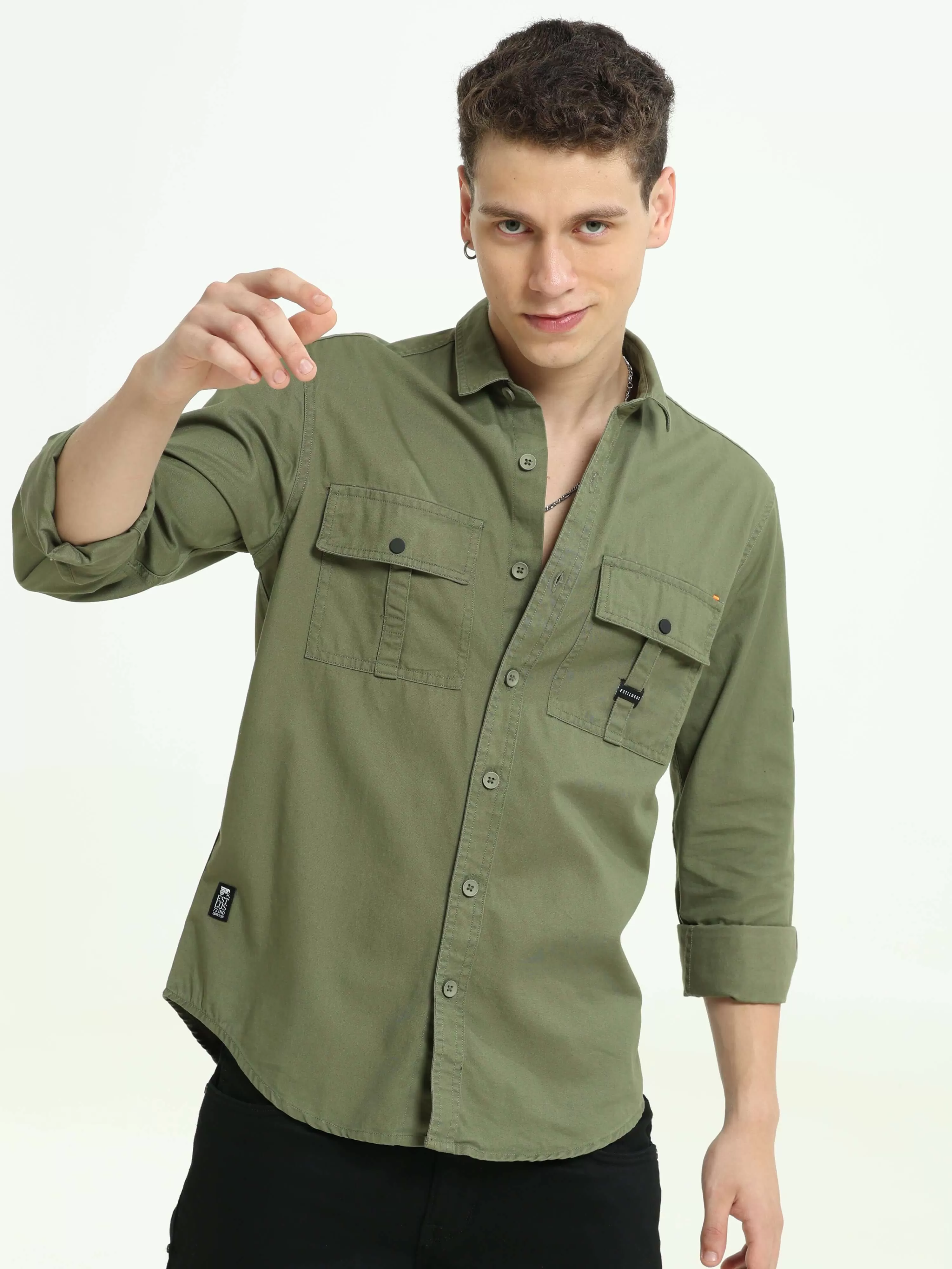 Moss green Solid double pocket shirt