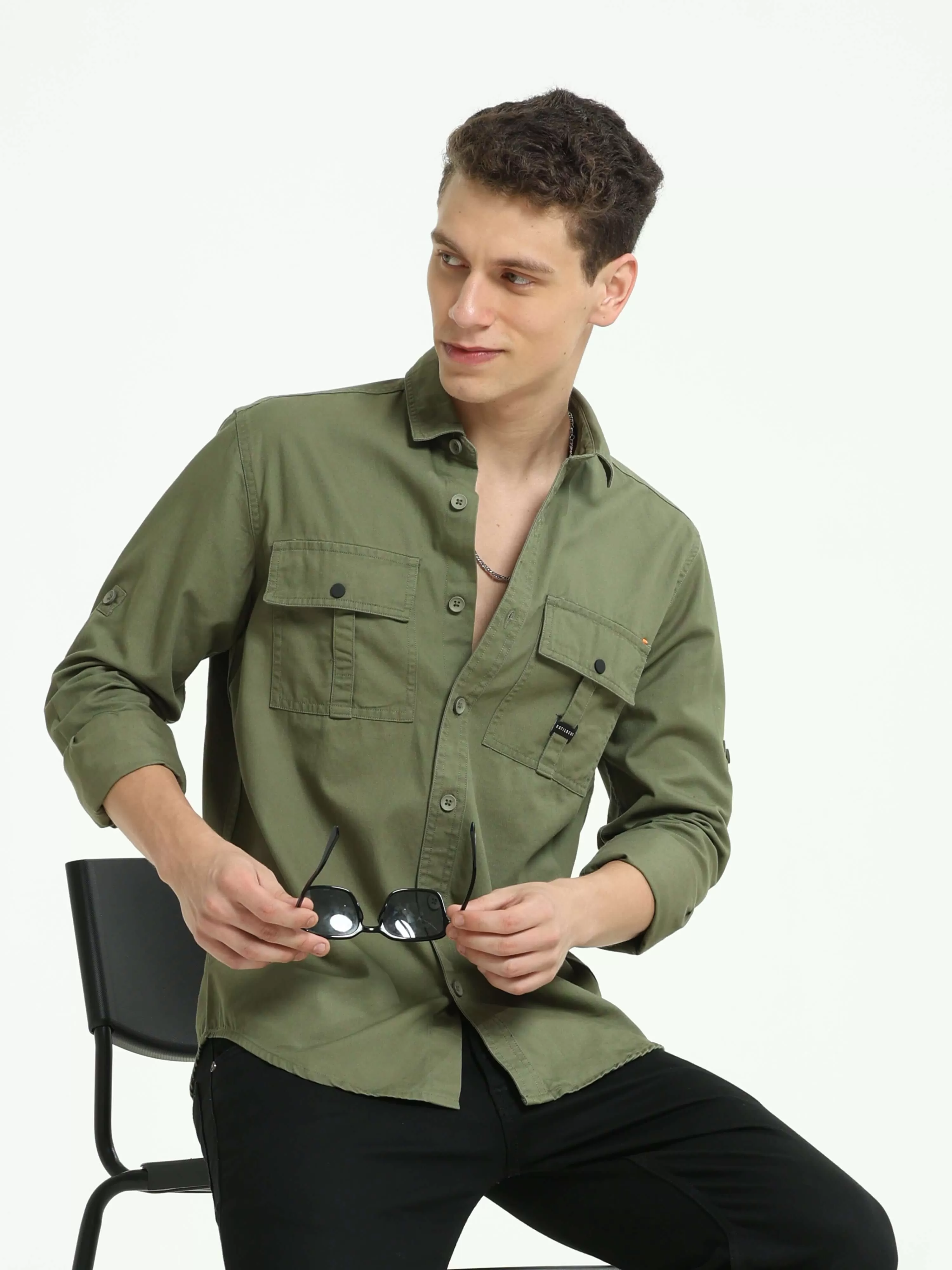 Moss green Solid double pocket shirt