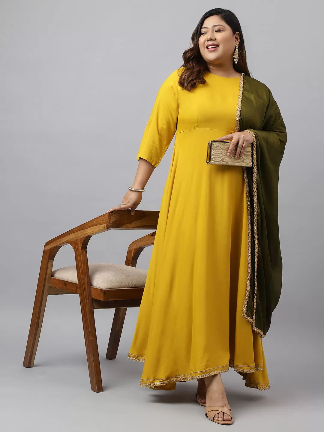 Mustard Rayon Solid Kurta with Dupatta