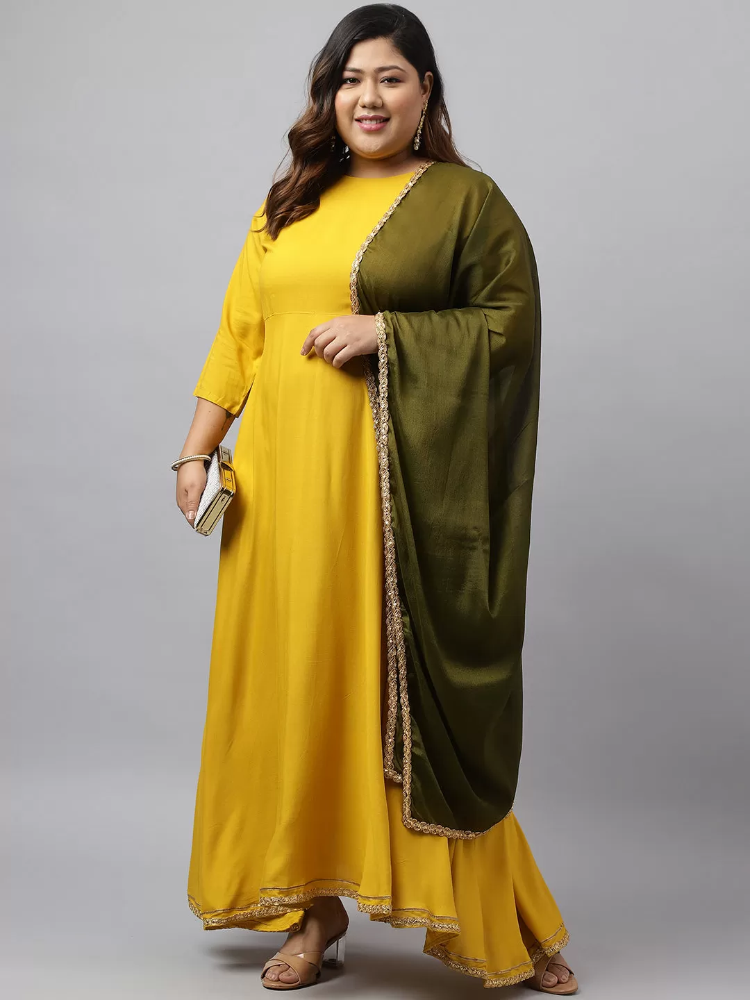 Mustard Rayon Solid Kurta with Dupatta