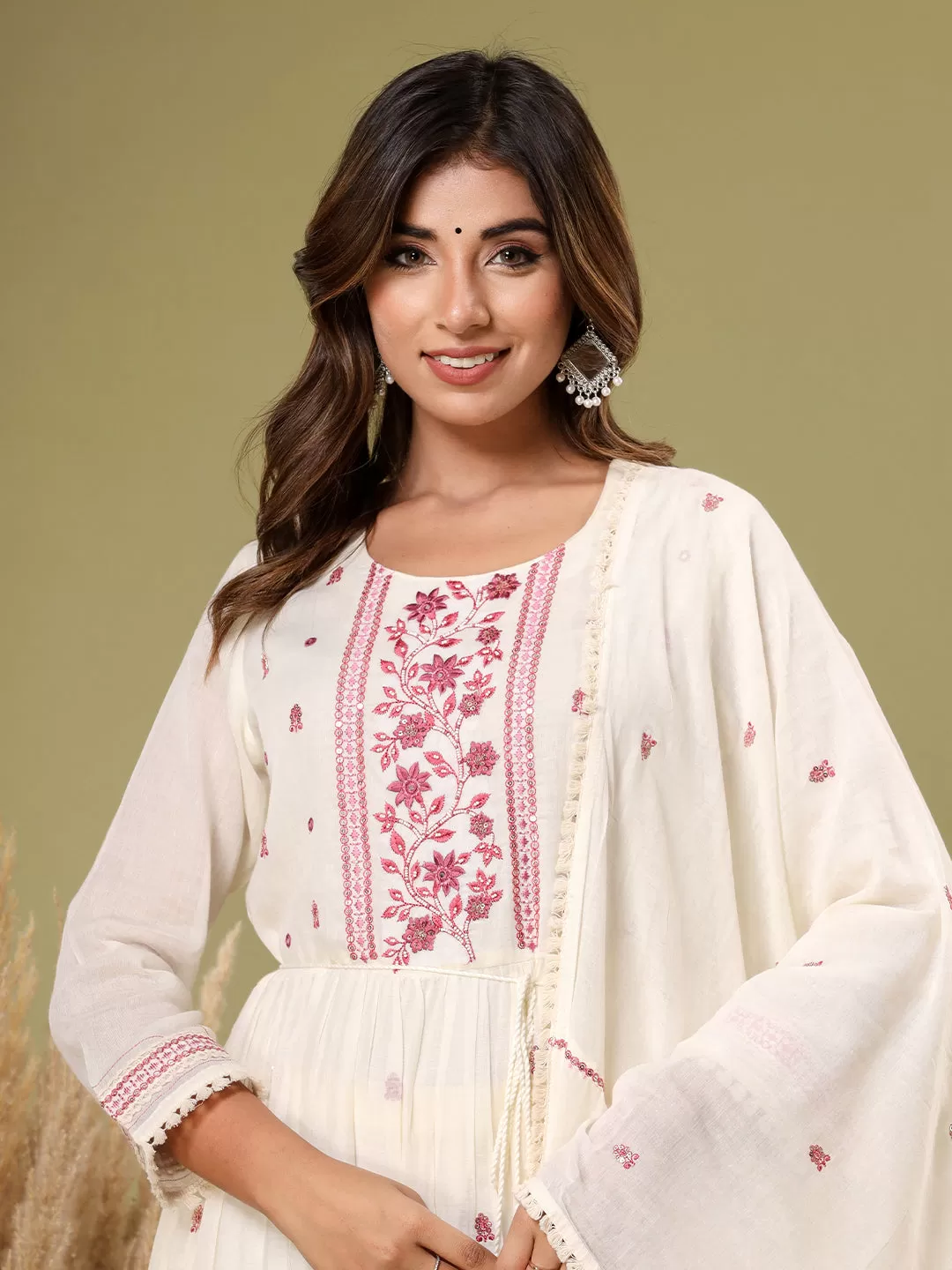 Off White Cotton Embellished Kurta with Pant and Dupatta