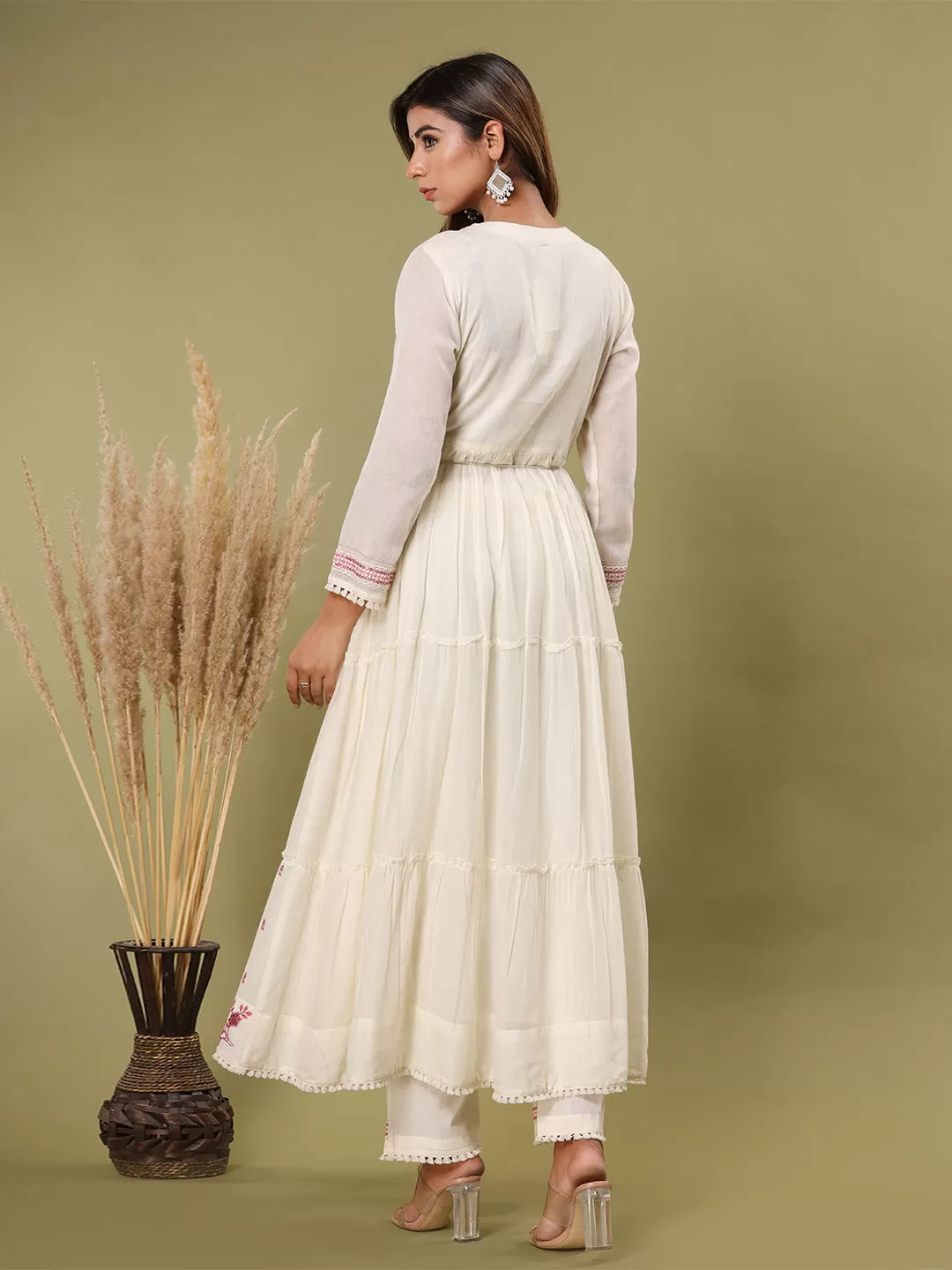 Off White Cotton Embellished Kurta with Pant and Dupatta