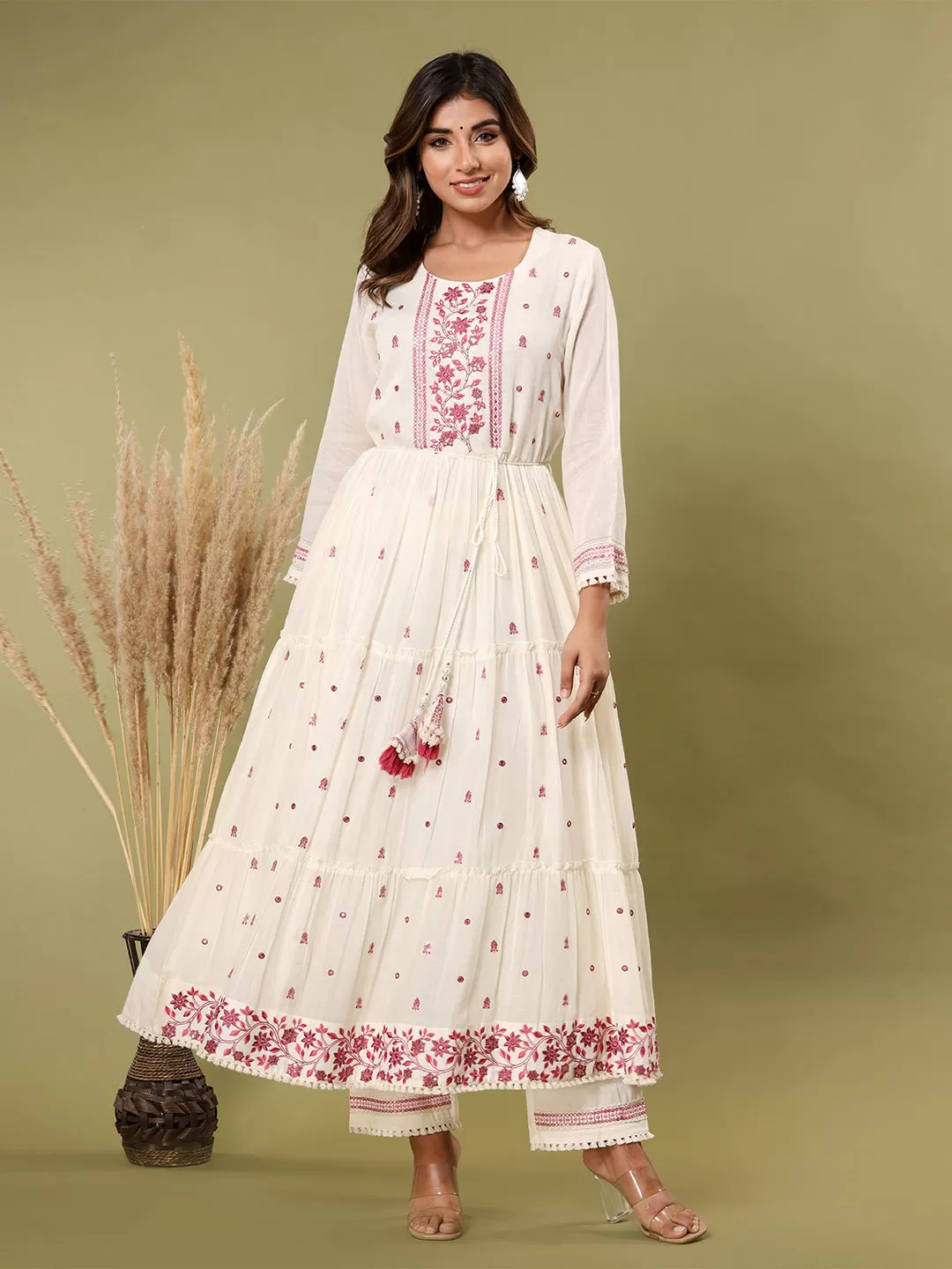 Off White Cotton Embellished Kurta with Pant and Dupatta