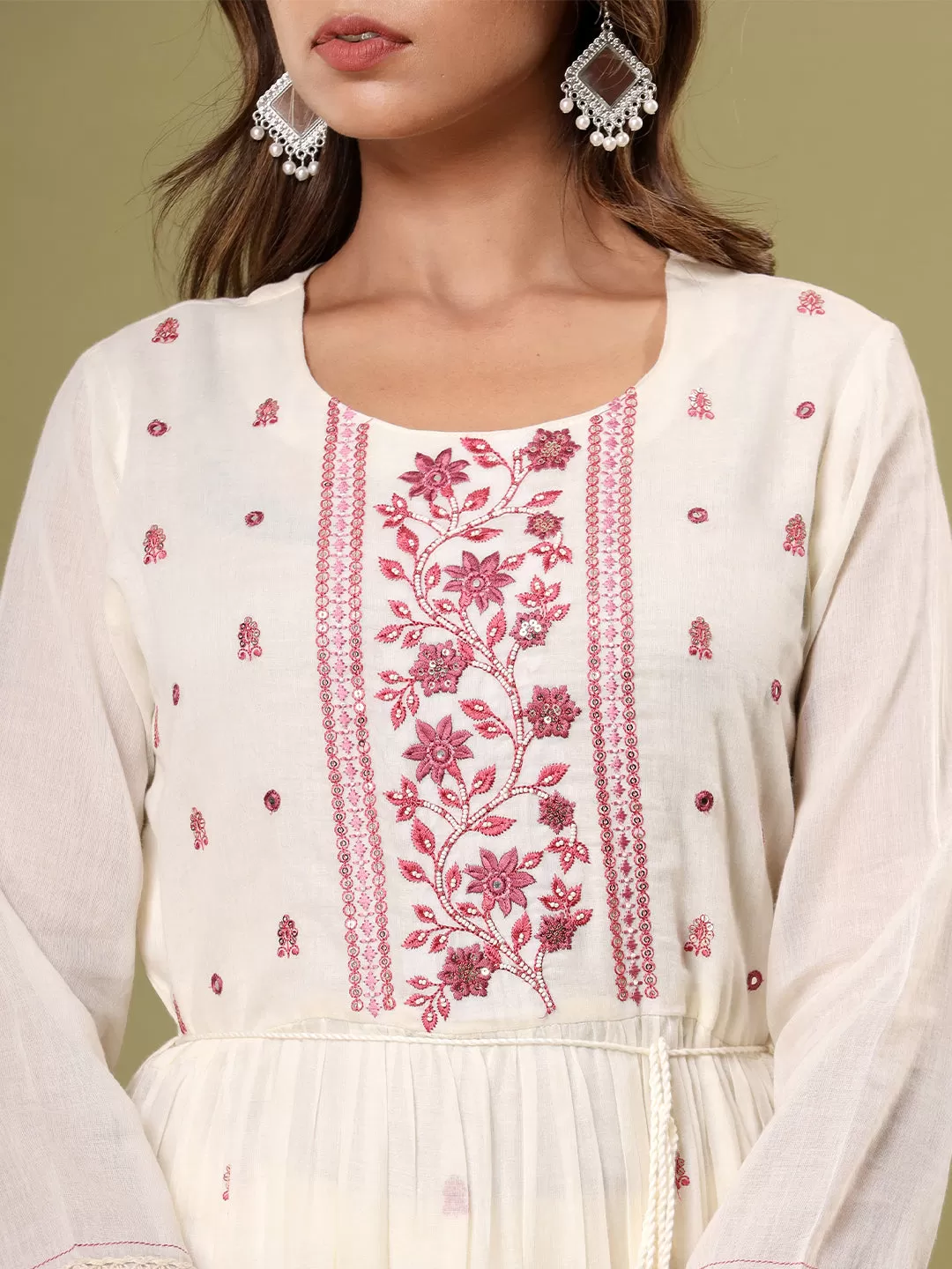 Off White Cotton Embellished Kurta with Pant and Dupatta