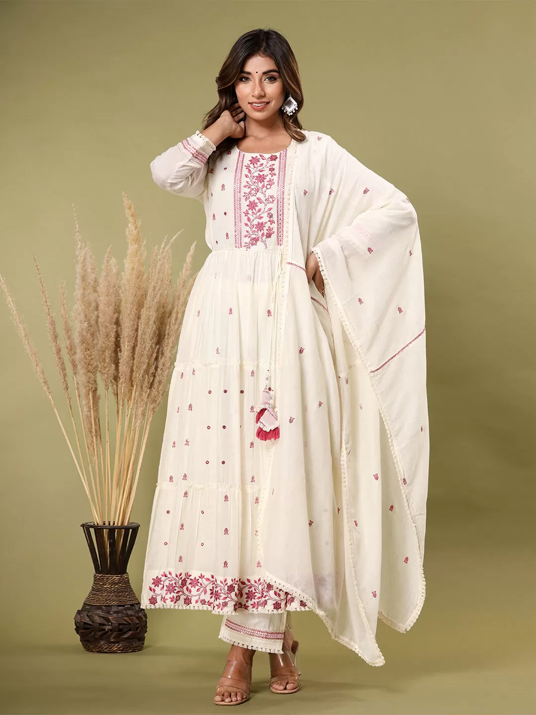 Off White Cotton Embellished Kurta with Pant and Dupatta