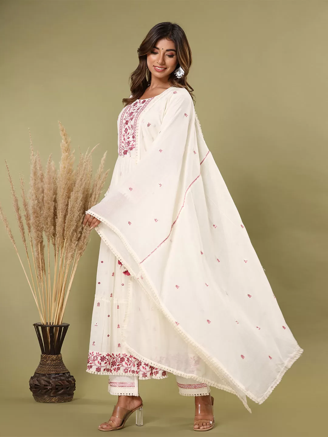 Off White Cotton Embellished Kurta with Pant and Dupatta