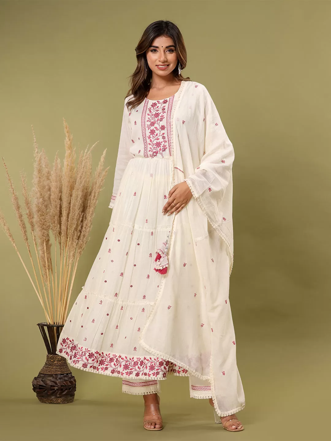 Off White Cotton Embellished Kurta with Pant and Dupatta