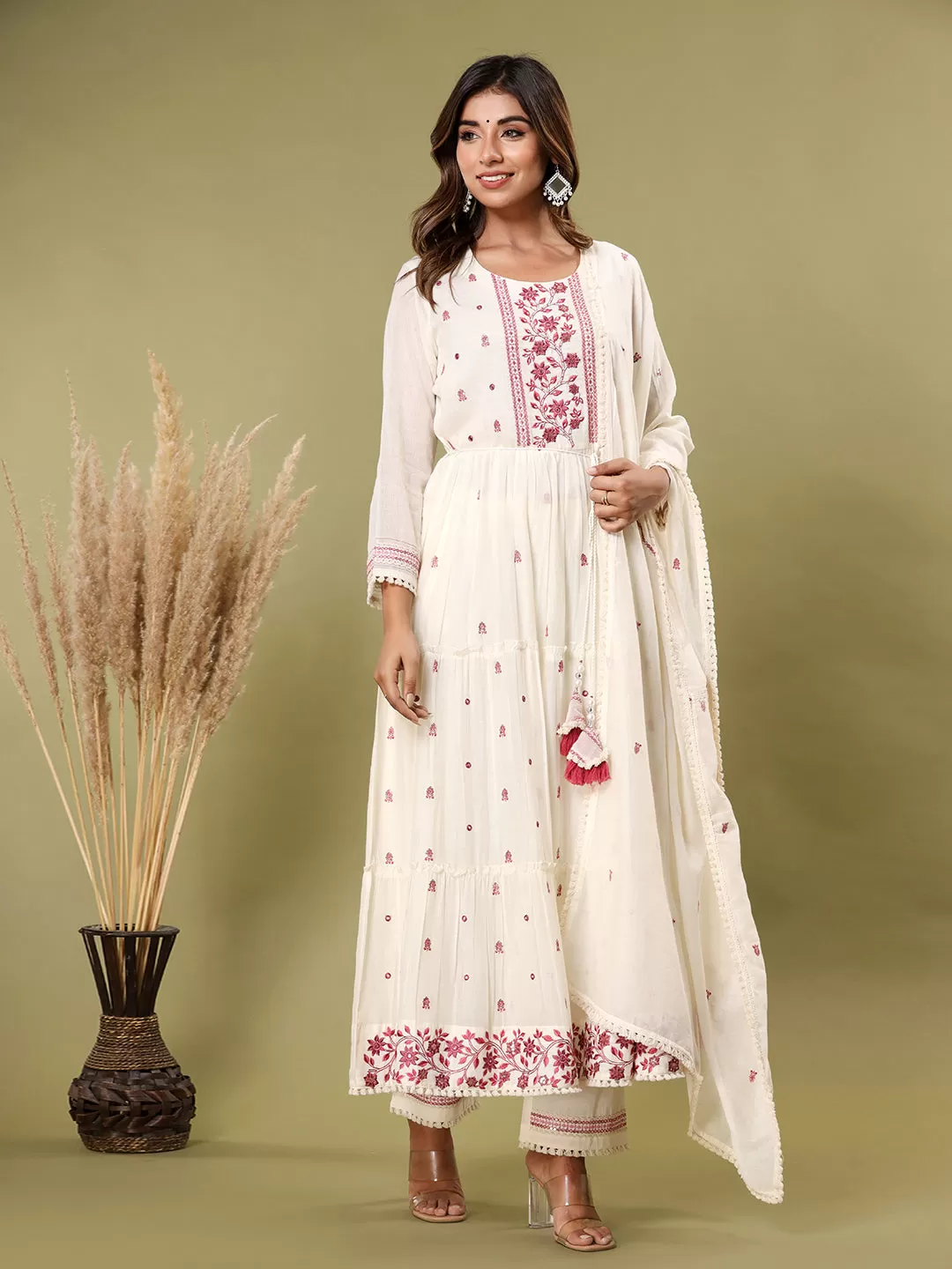 Off White Cotton Embellished Kurta with Pant and Dupatta