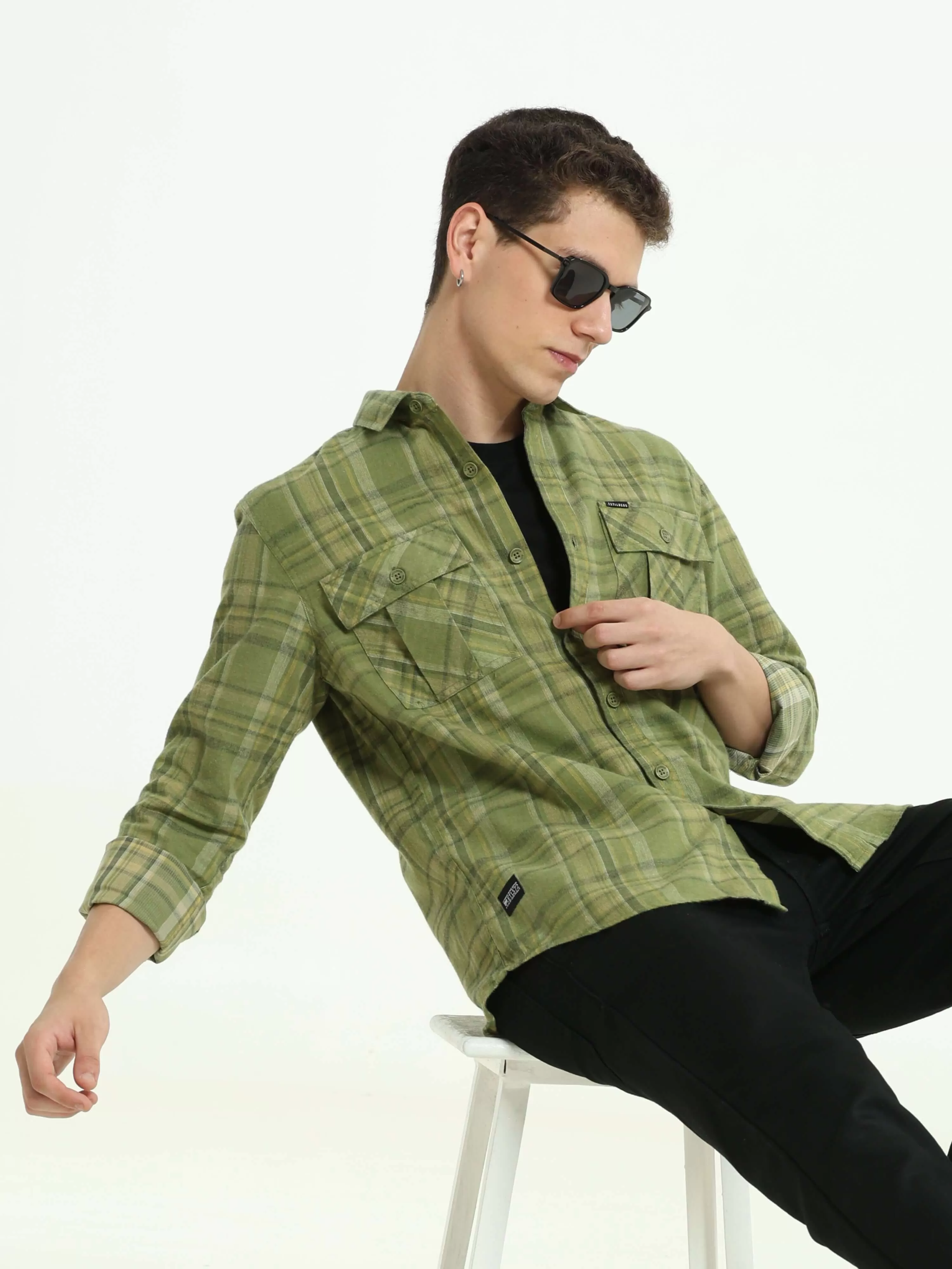 Olive green Check double pocket shirt