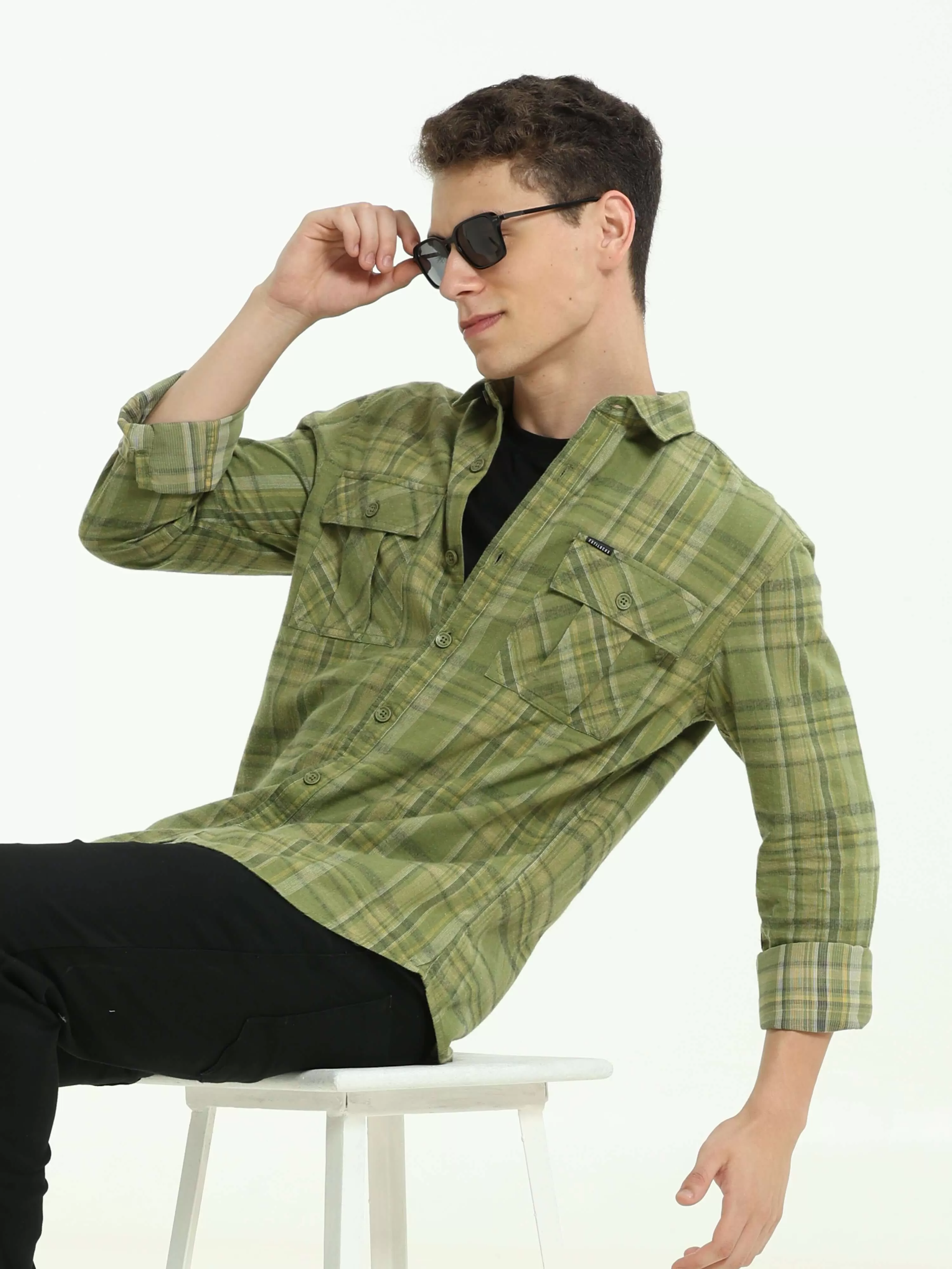 Olive green Check double pocket shirt