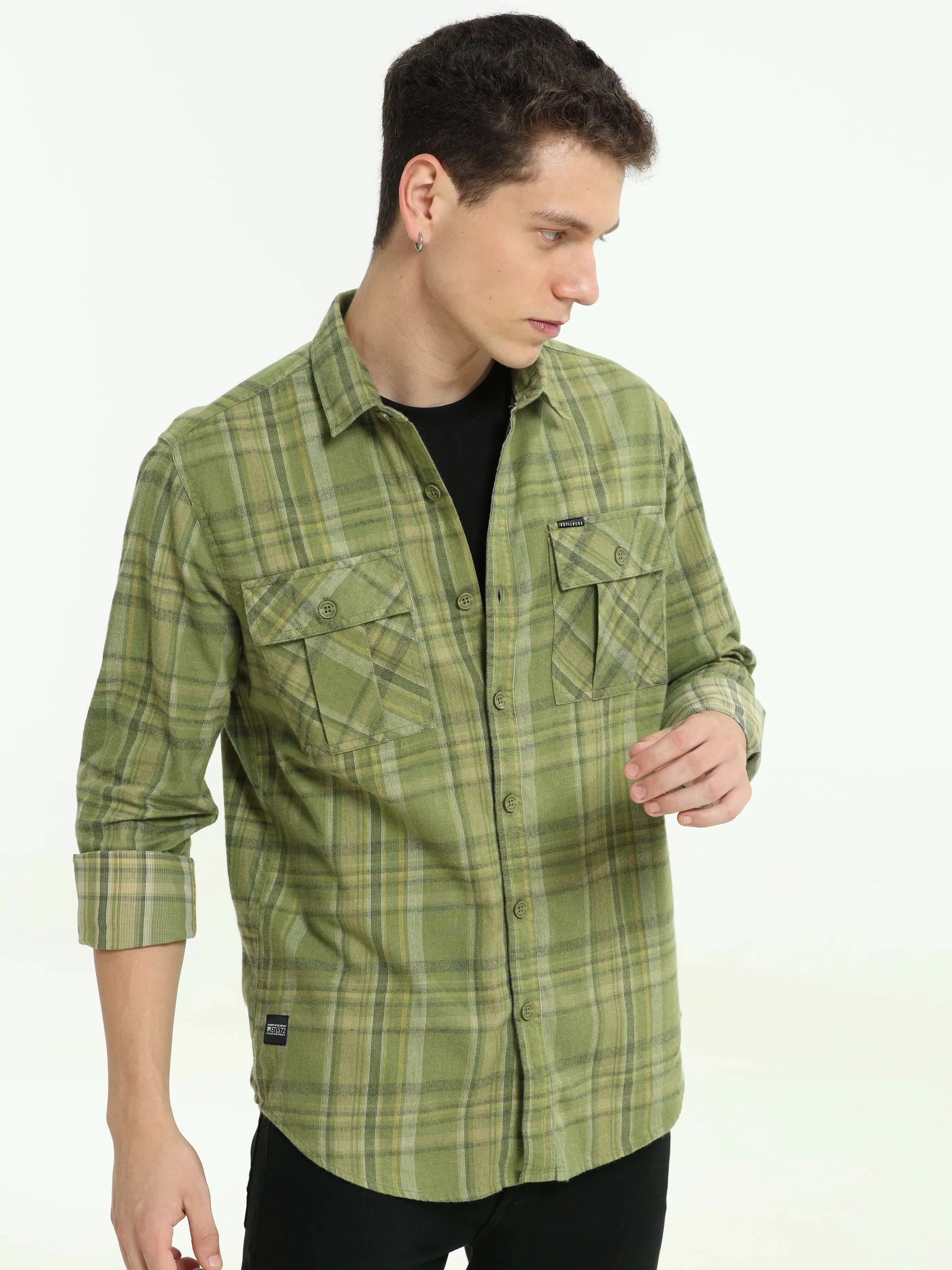 Olive green Check double pocket shirt