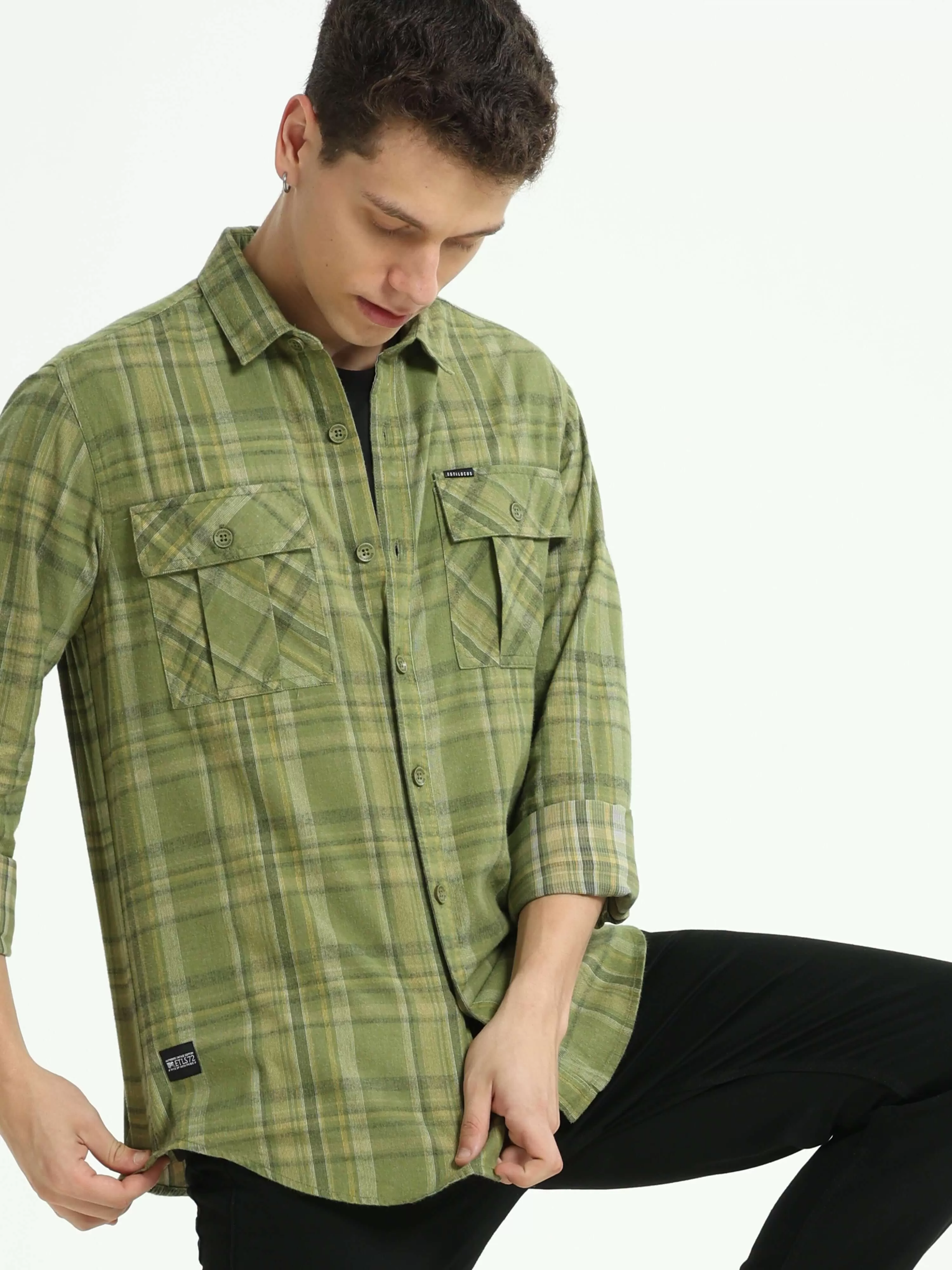 Olive green Check double pocket shirt