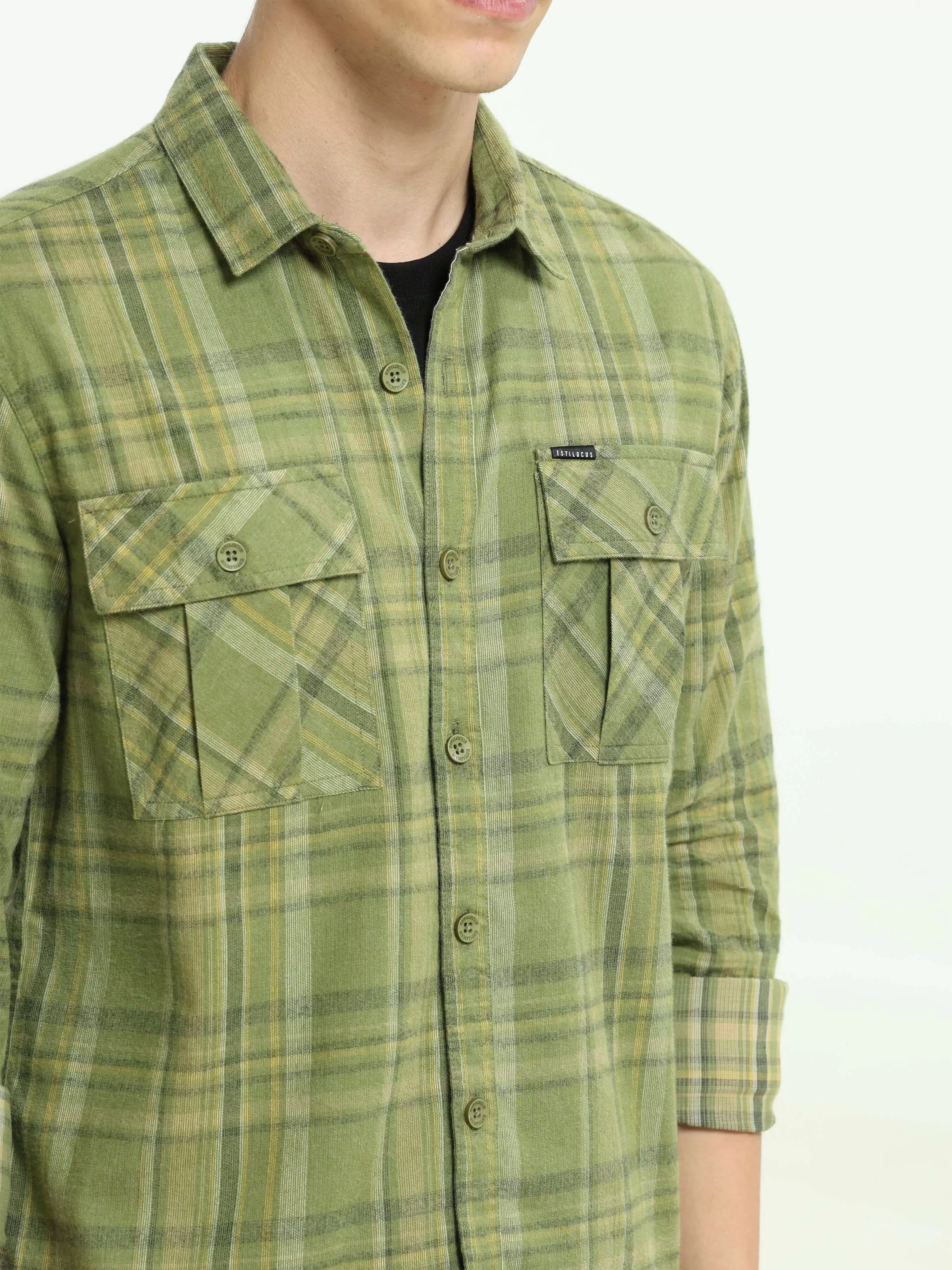 Olive green Check double pocket shirt