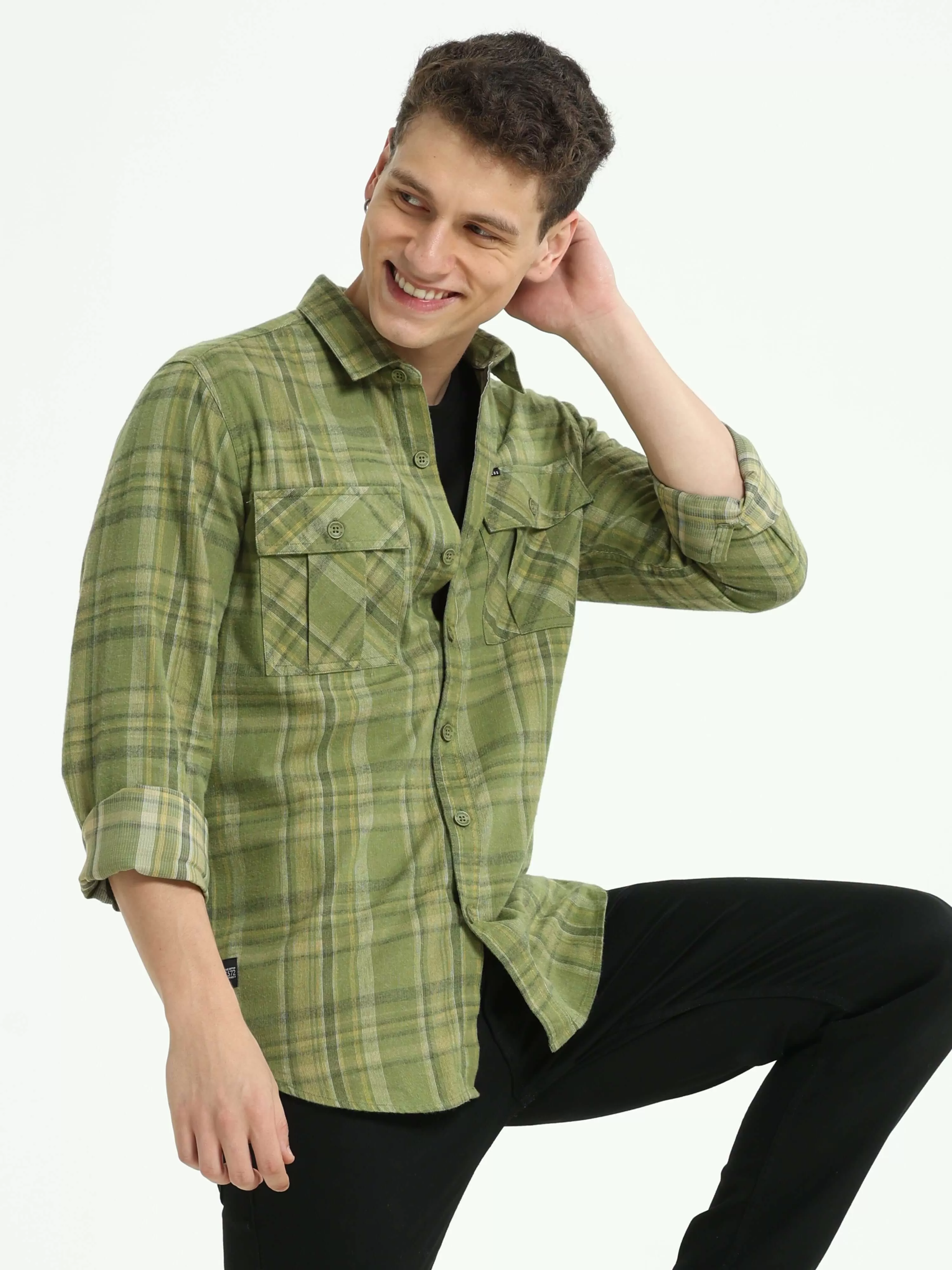 Olive green Check double pocket shirt