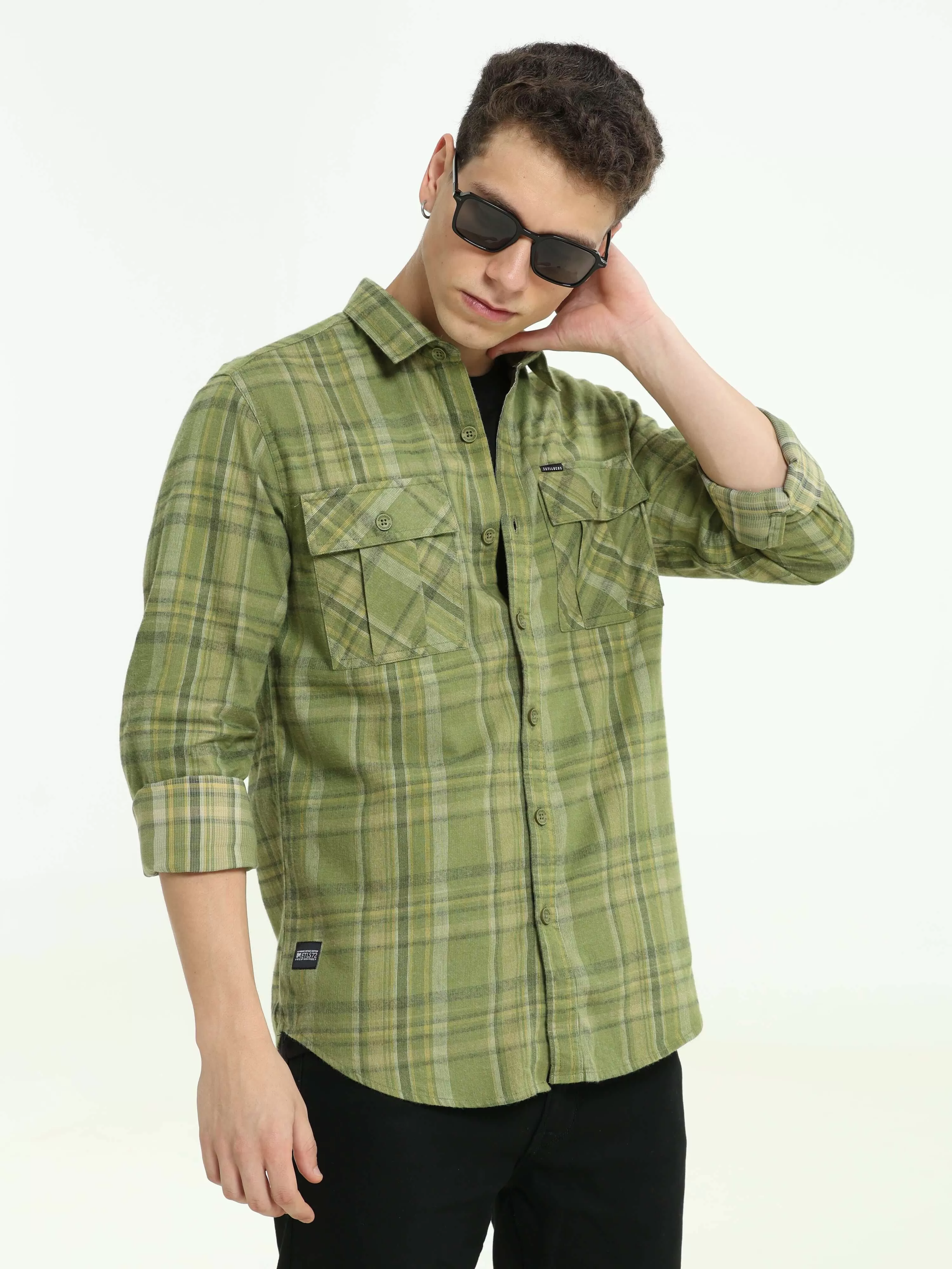 Olive green Check double pocket shirt