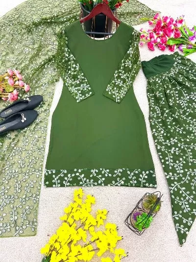 Parrot Green Georgette Embroidery Sequence Punjabi Dhoti Salwar Suit