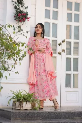 Peach Chinon Floral Printed Salwar Suit Set