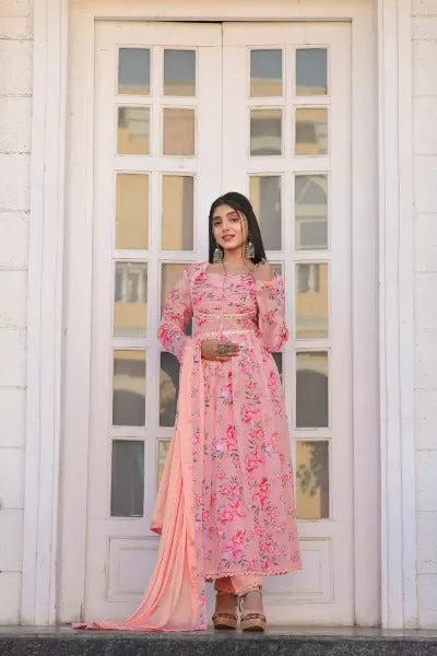 Peach Chinon Floral Printed Salwar Suit Set