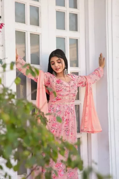 Peach Chinon Floral Printed Salwar Suit Set