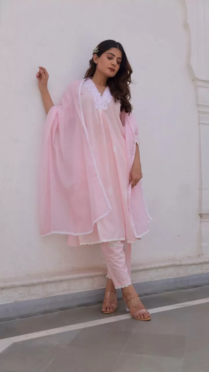 Pink Cotton Tie & Dye White Lace Straight Set with Doriya Dupatta