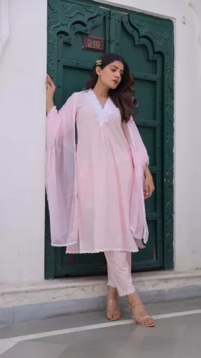 Pink Cotton Tie & Dye White Lace Straight Set with Doriya Dupatta