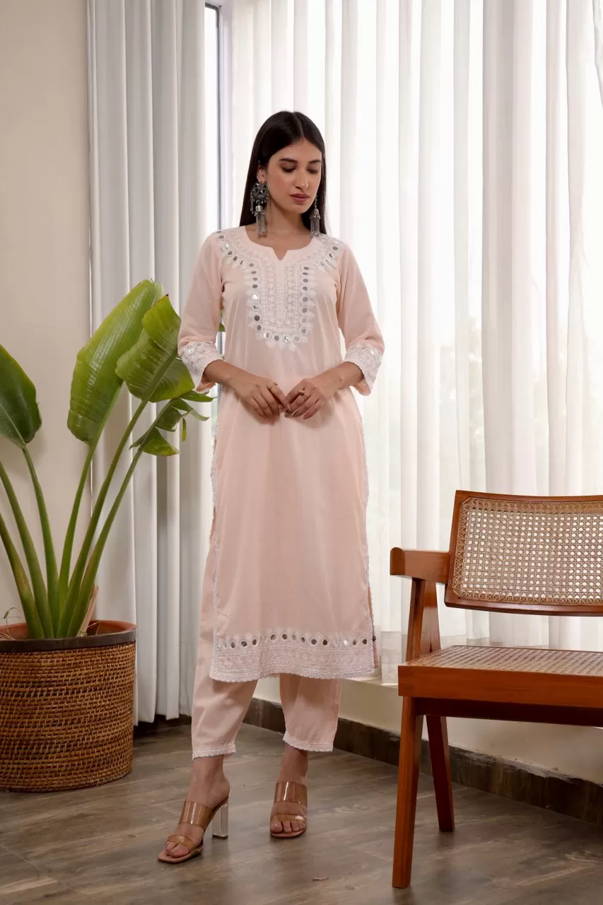 Pink embroidered cotton straight set