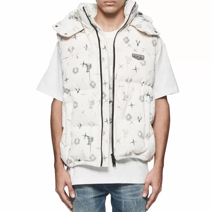 Purple Brand Printed Corduroy Puffer Vest (Off White) P637-PCLV124