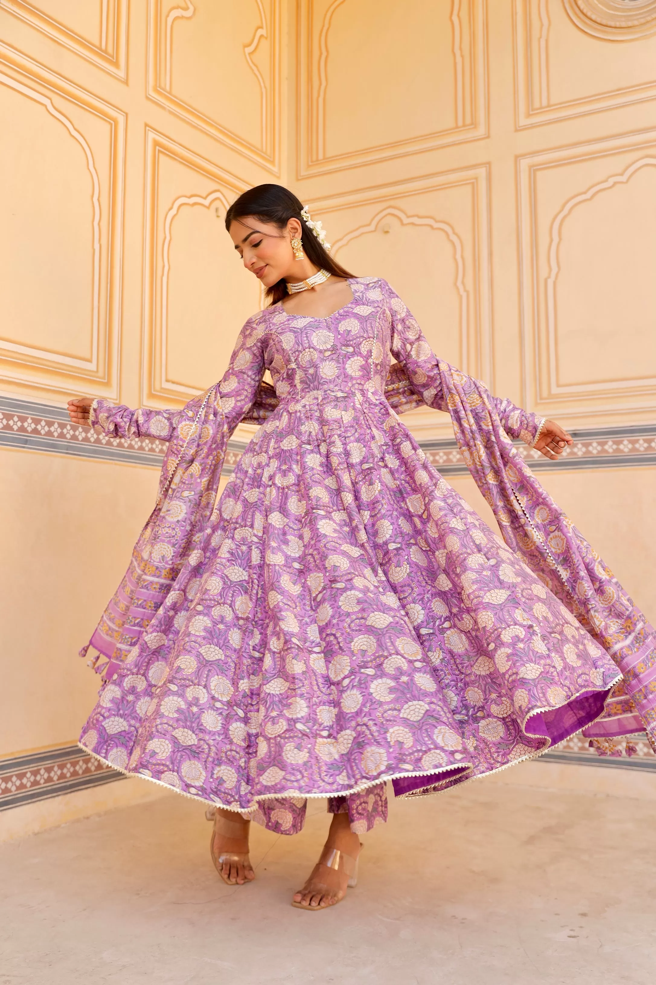 Purple flower print handblock chanderi anarkali set