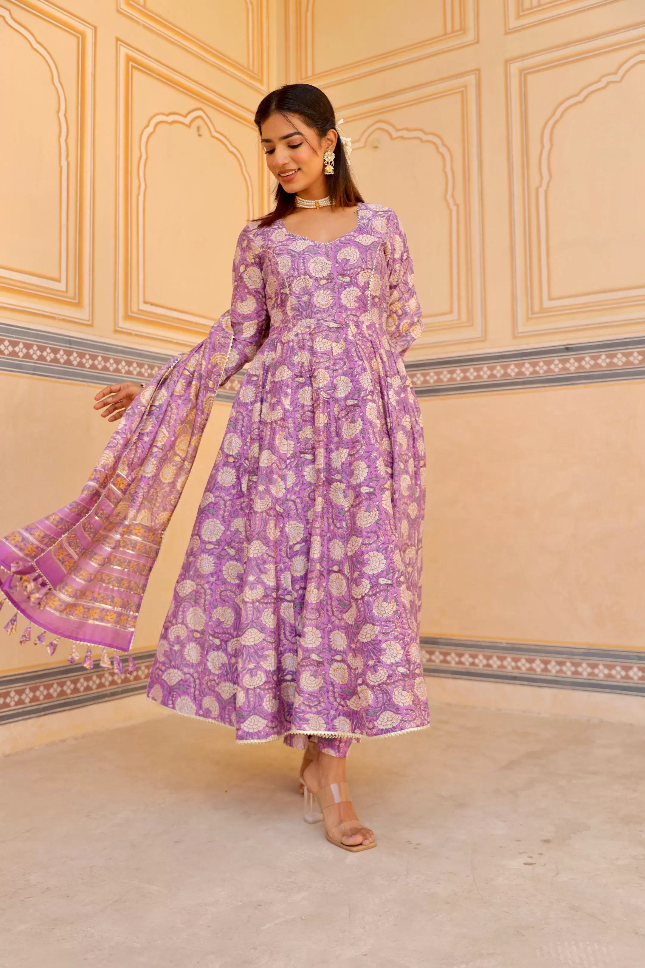 Purple flower print handblock chanderi anarkali set