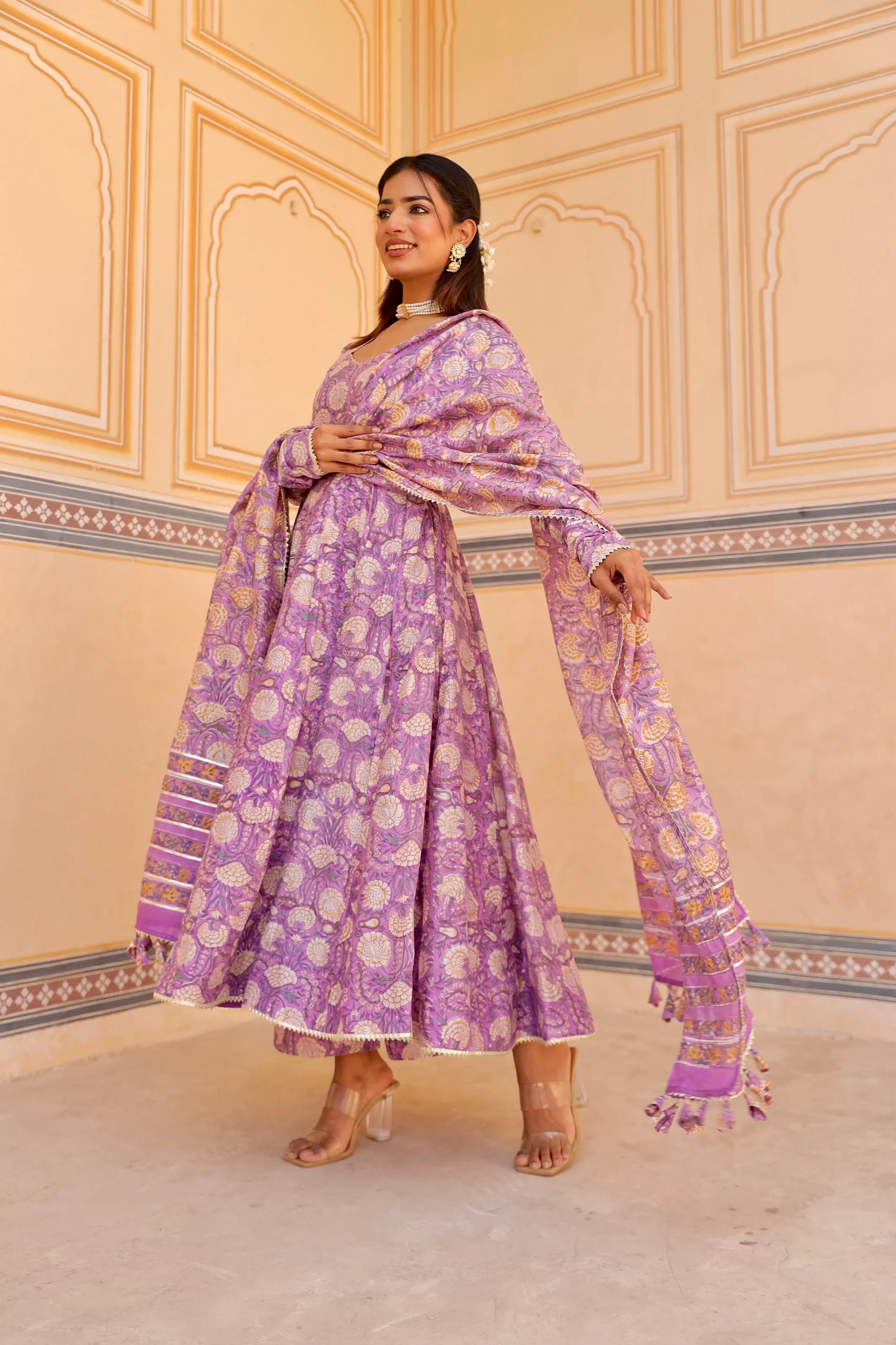 Purple flower print handblock chanderi anarkali set