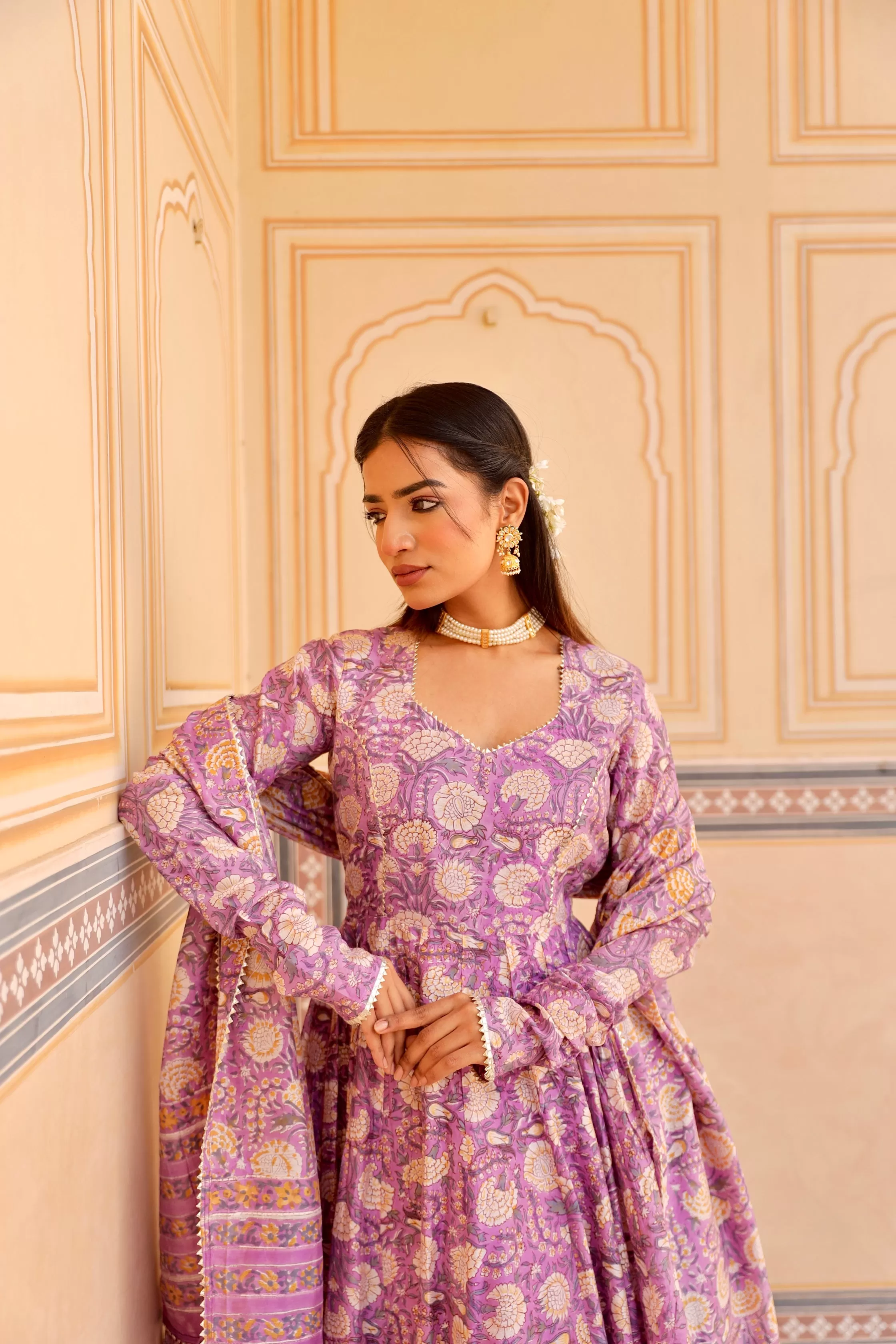 Purple flower print handblock chanderi anarkali set