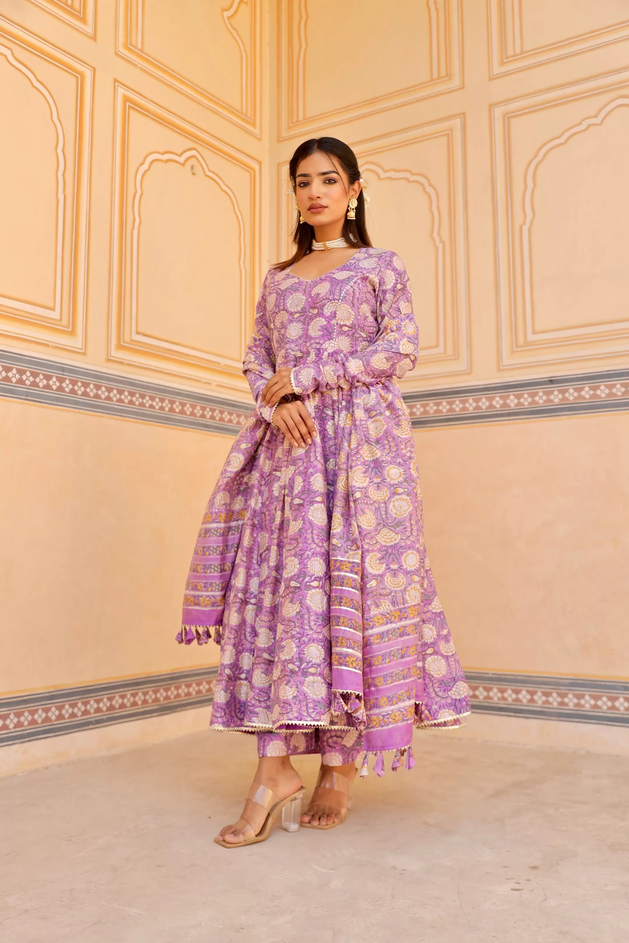 Purple flower print handblock chanderi anarkali set