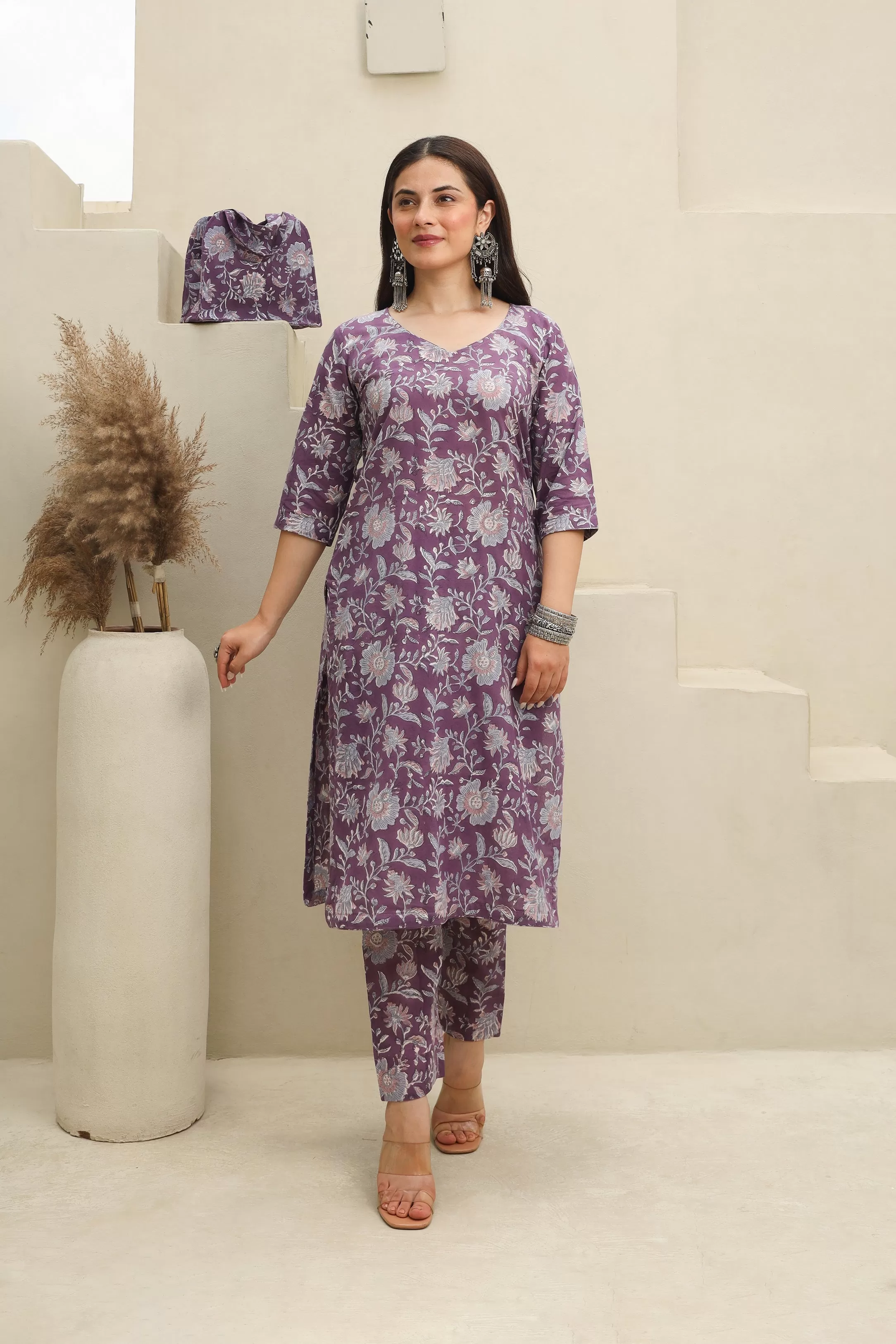 Purple Flowery Cotton Handblock Print Suit Set