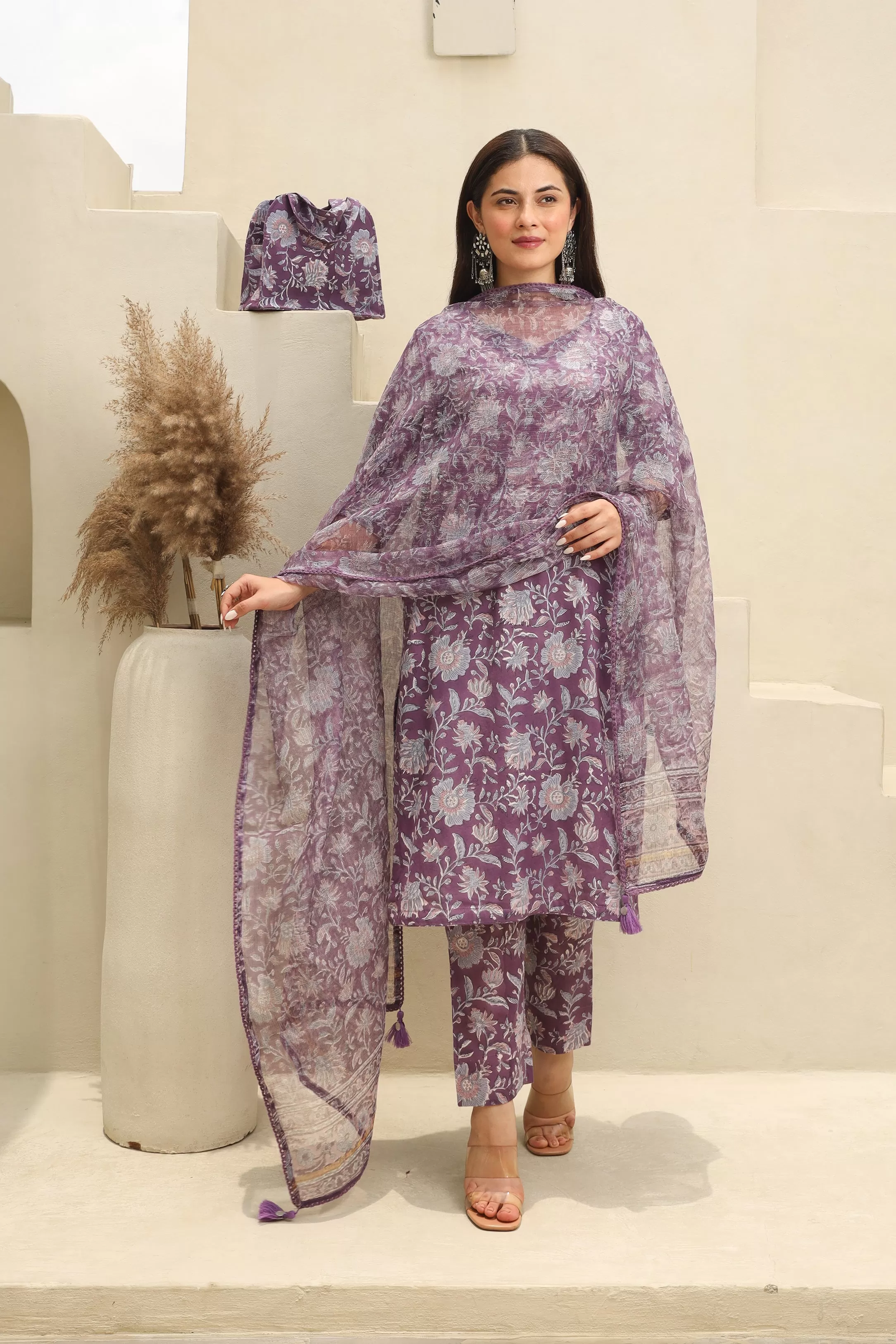 Purple Flowery Cotton Handblock Print Suit Set