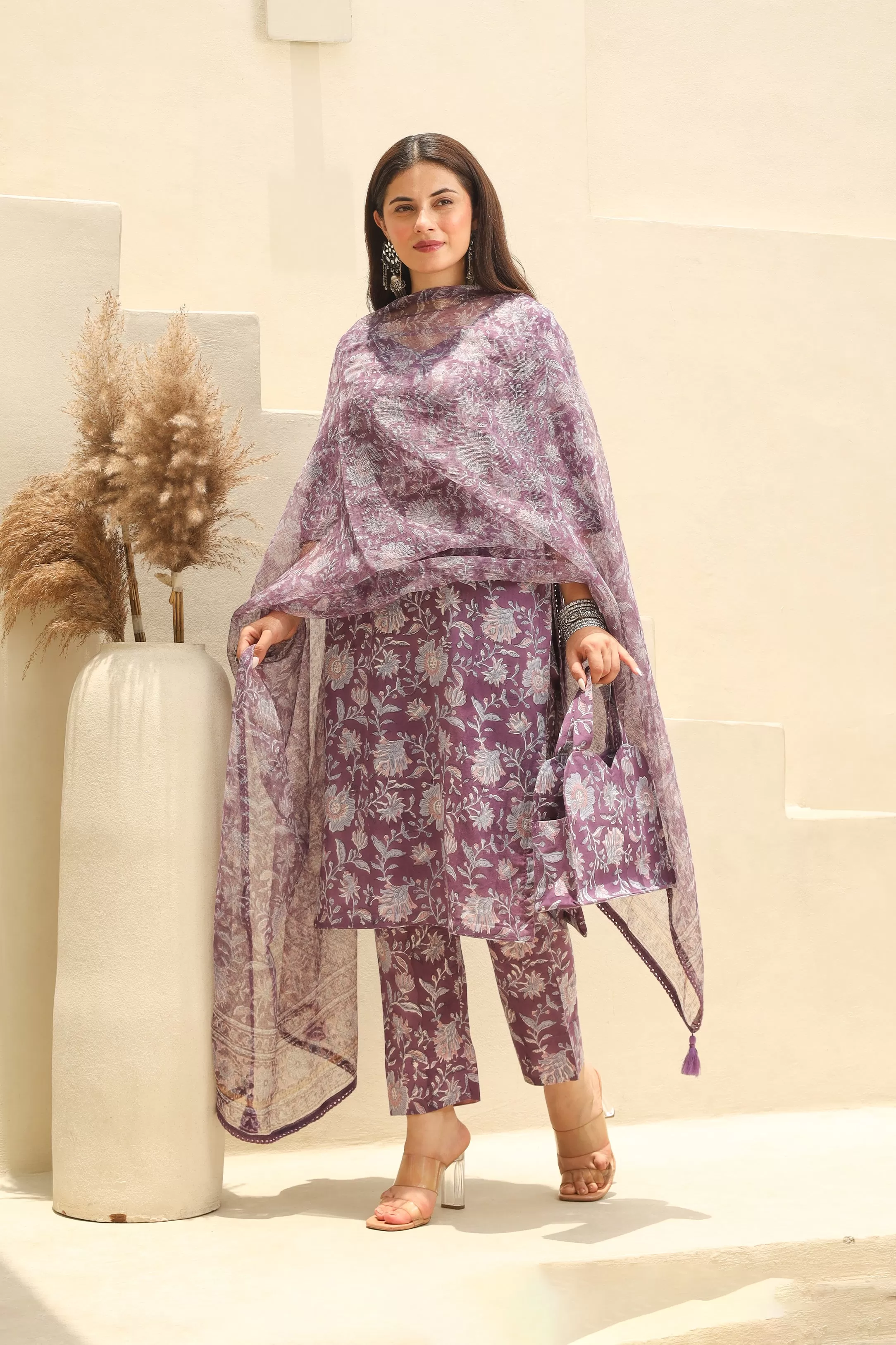 Purple Flowery Cotton Handblock Print Suit Set