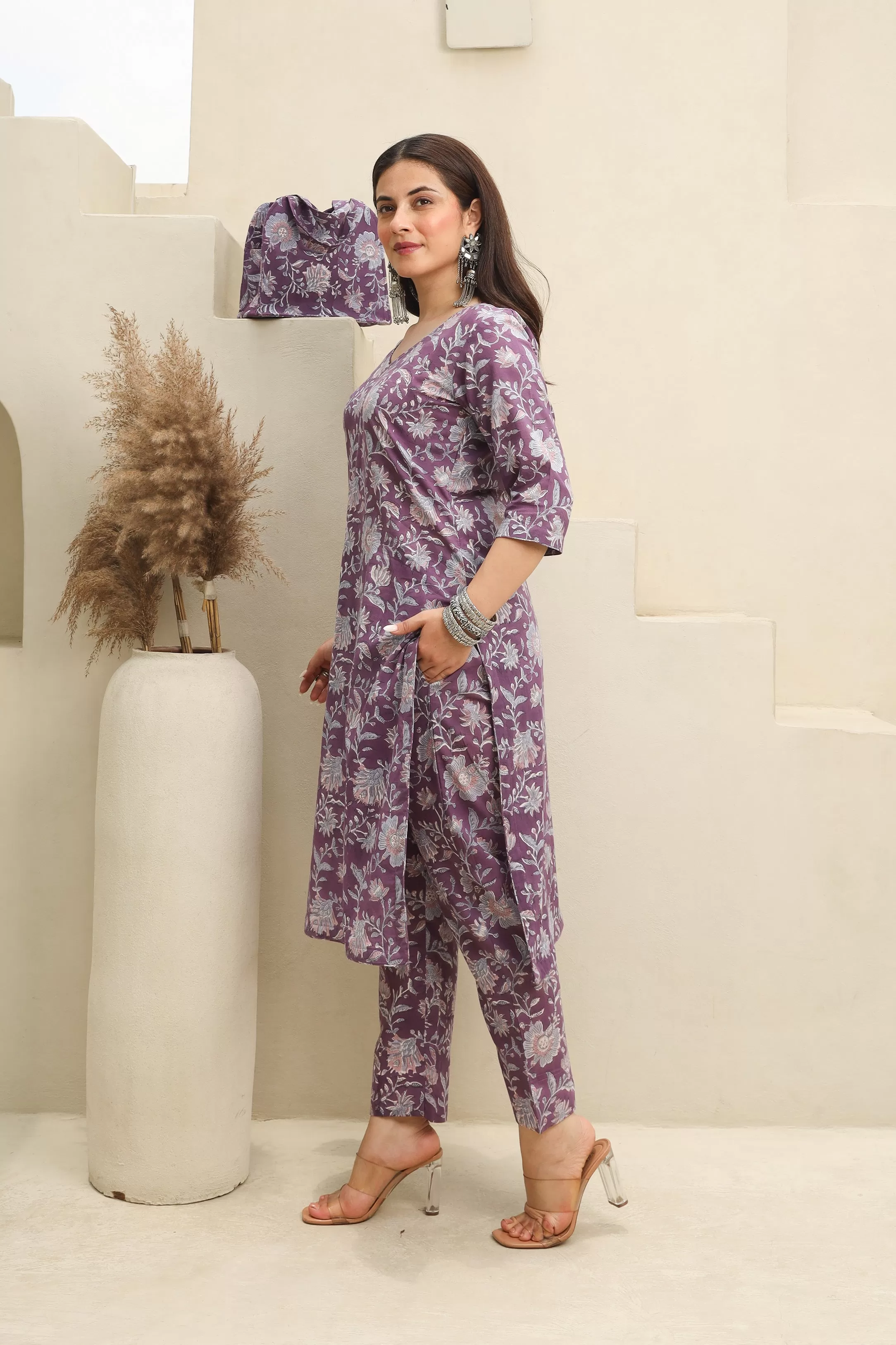 Purple Flowery Cotton Handblock Print Suit Set