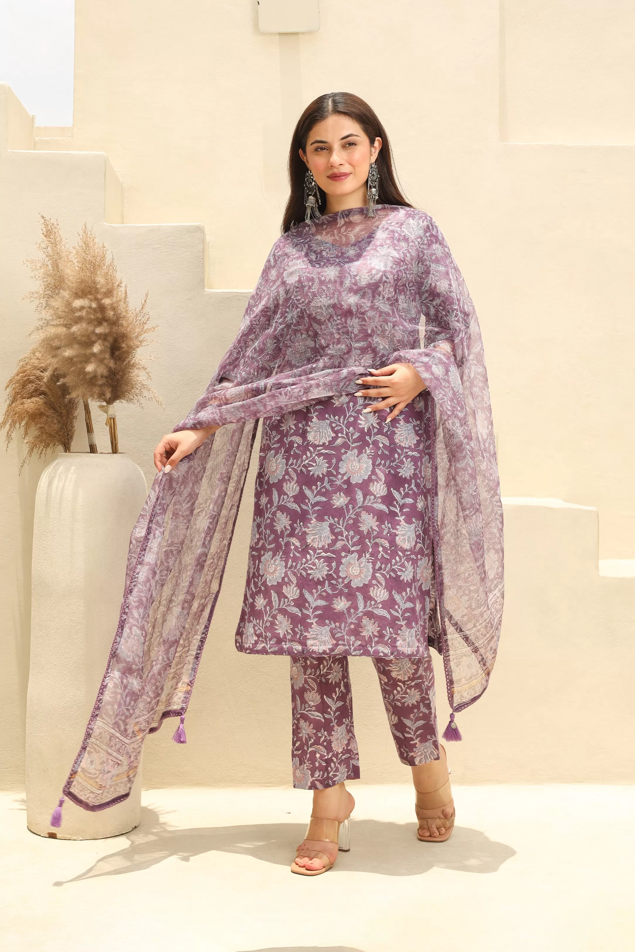 Purple Flowery Cotton Handblock Print Suit Set