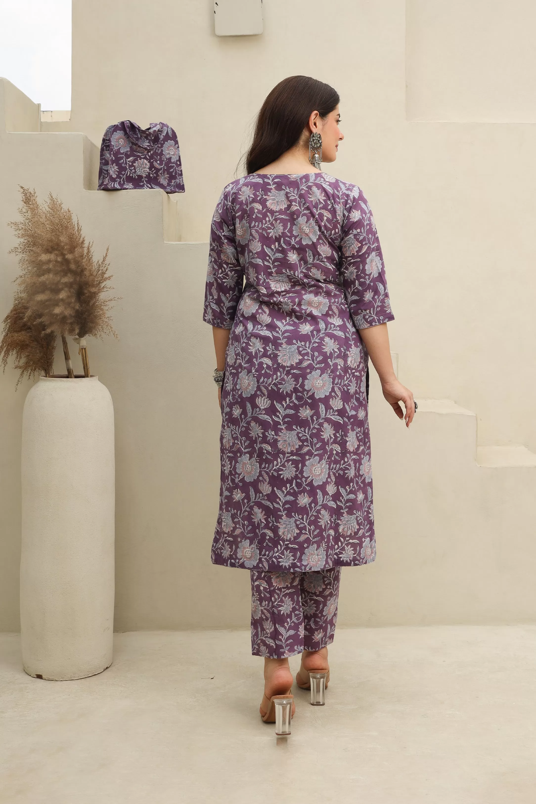 Purple Flowery Cotton Handblock Print Suit Set