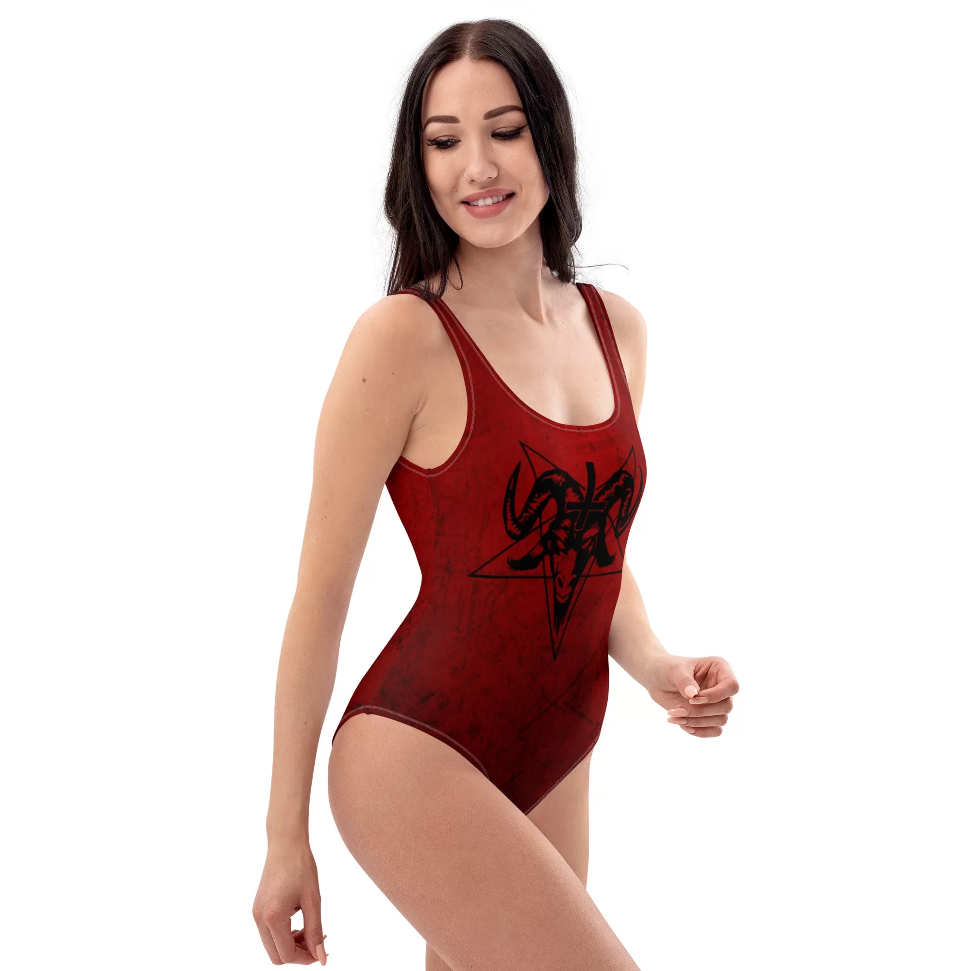 Red One Piece Swimsuit / Baphomet Clothing / Goth Swimwear For Women