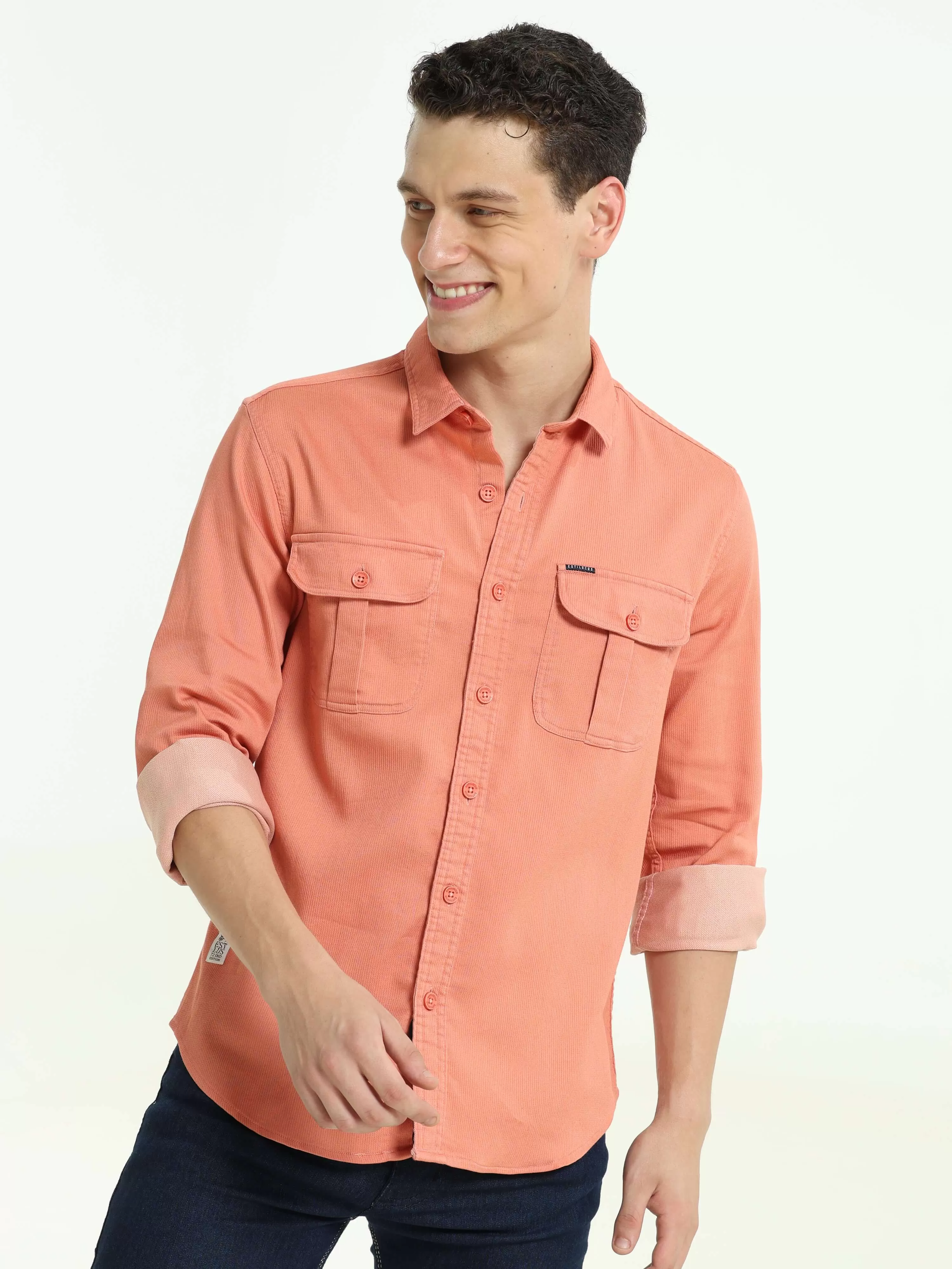 Salmon solid double pocket shirt