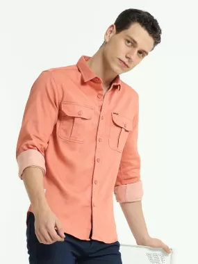 Salmon solid double pocket shirt