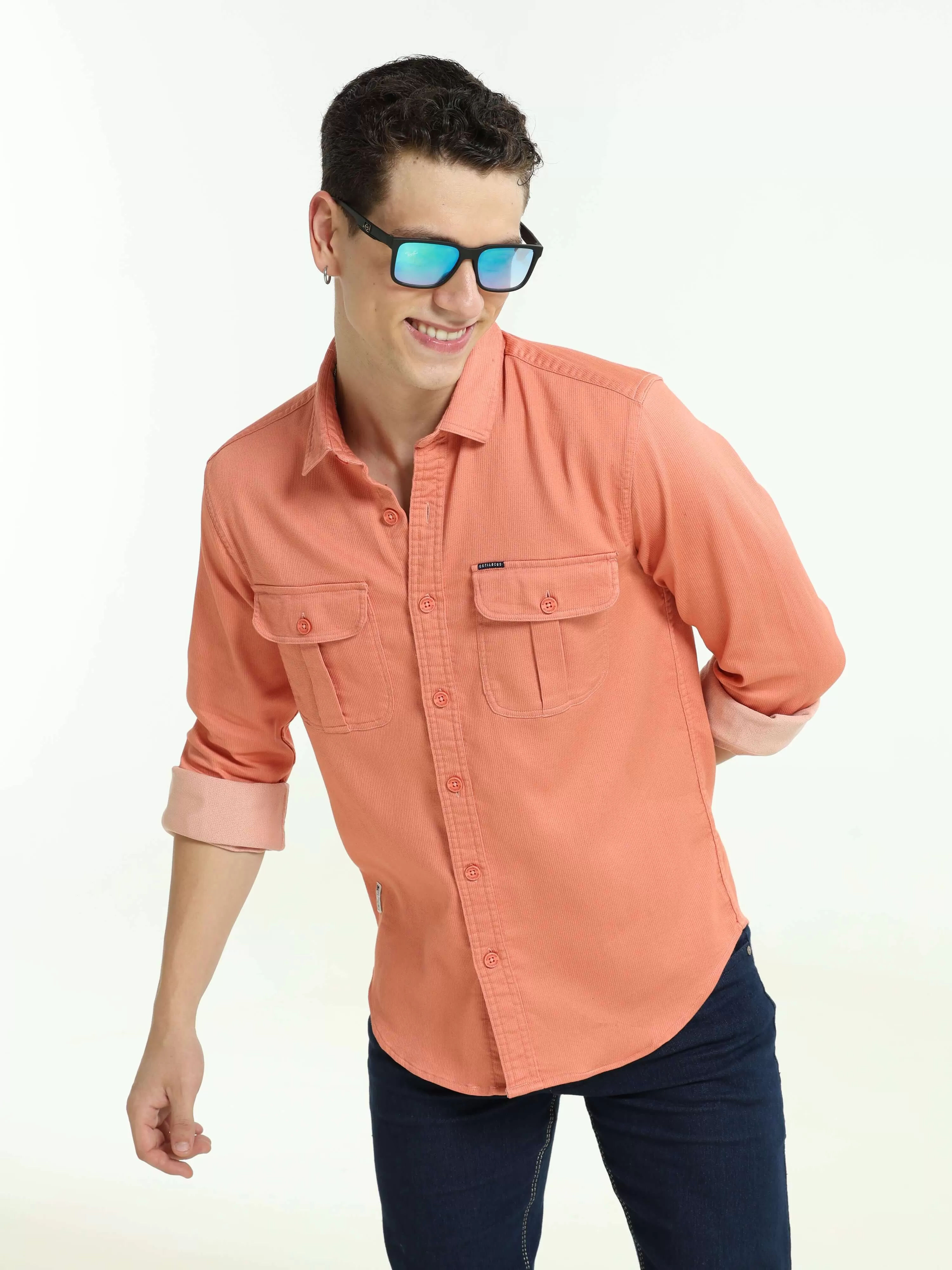 Salmon solid double pocket shirt