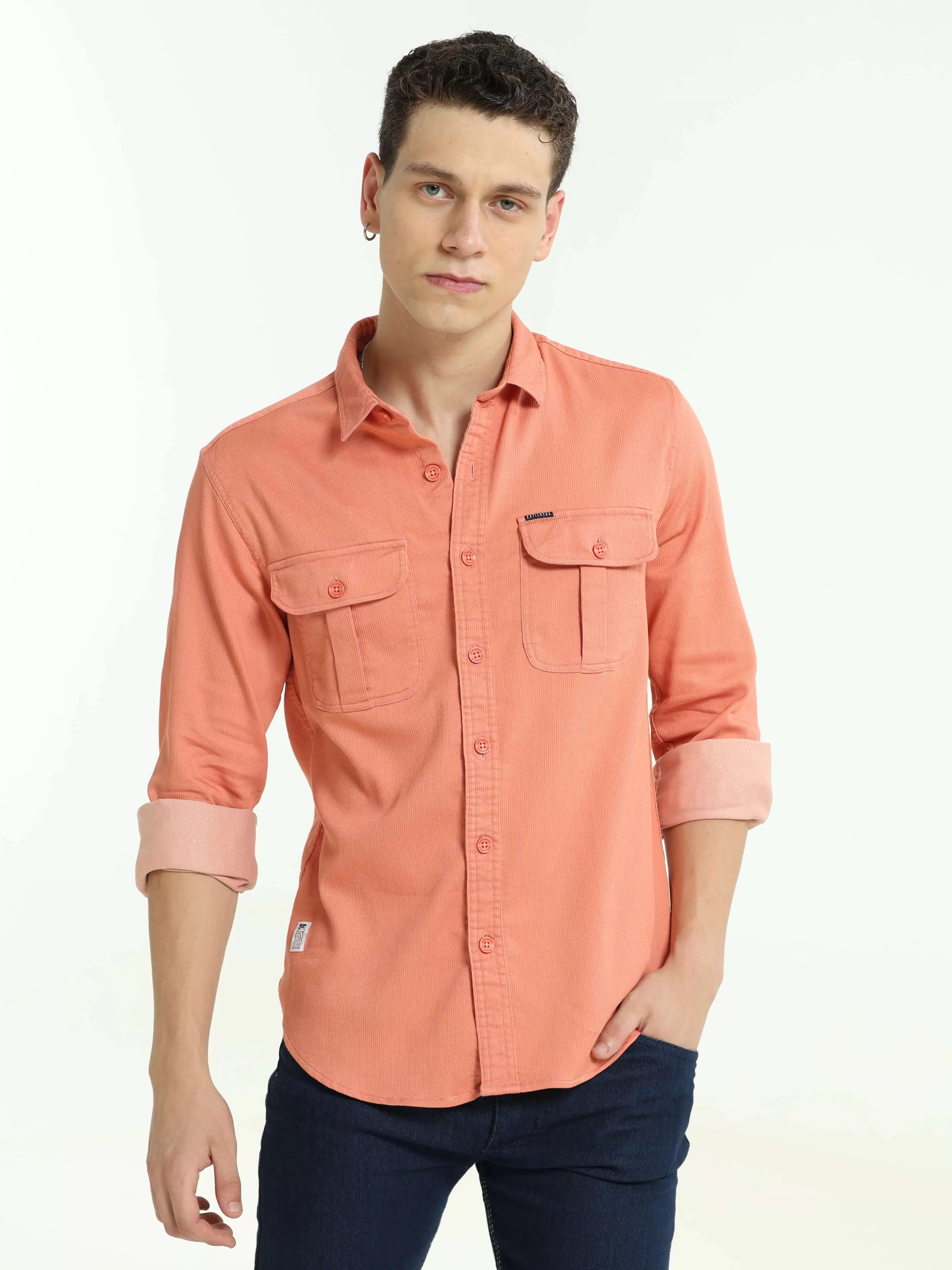 Salmon solid double pocket shirt