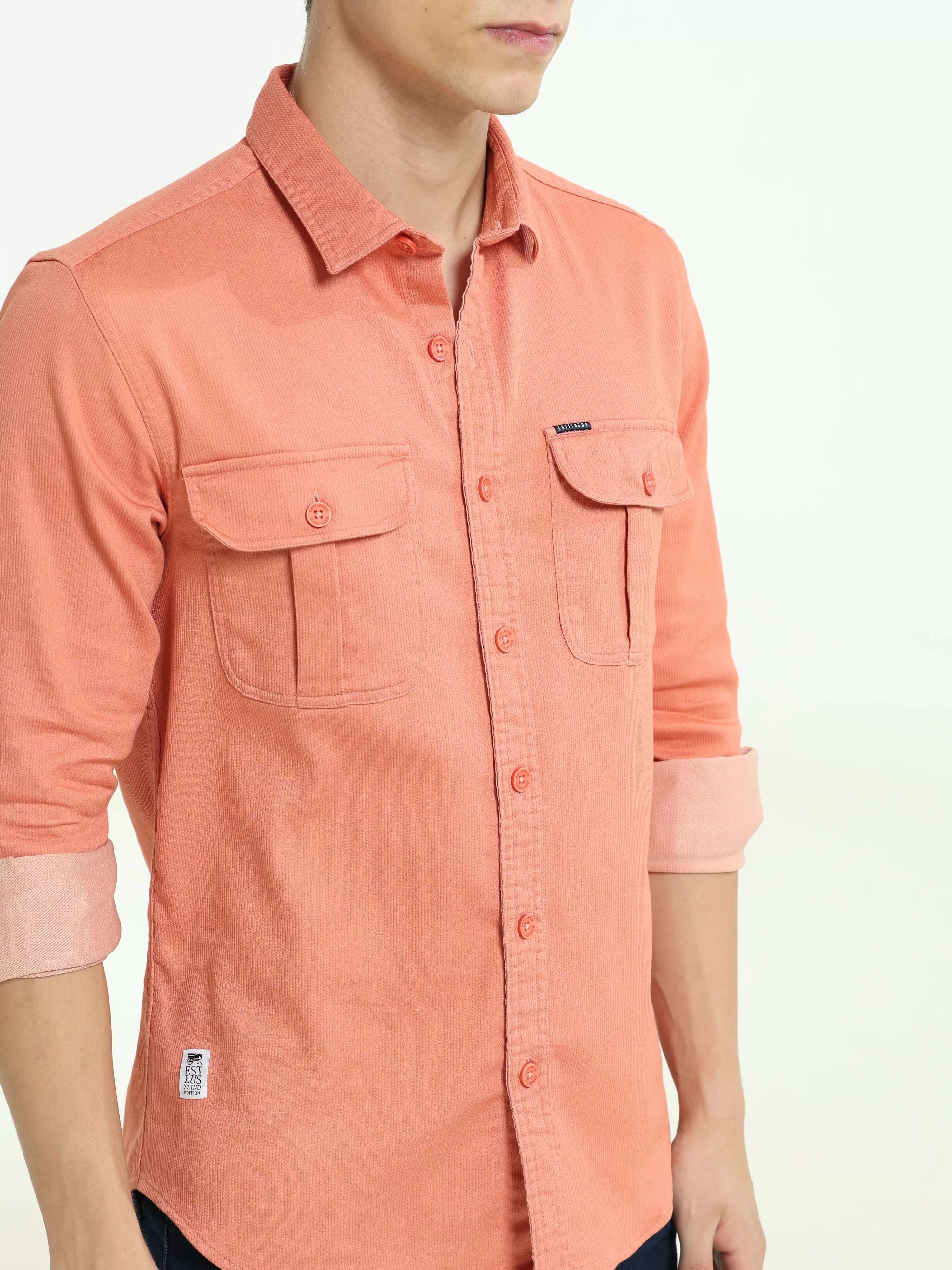 Salmon solid double pocket shirt