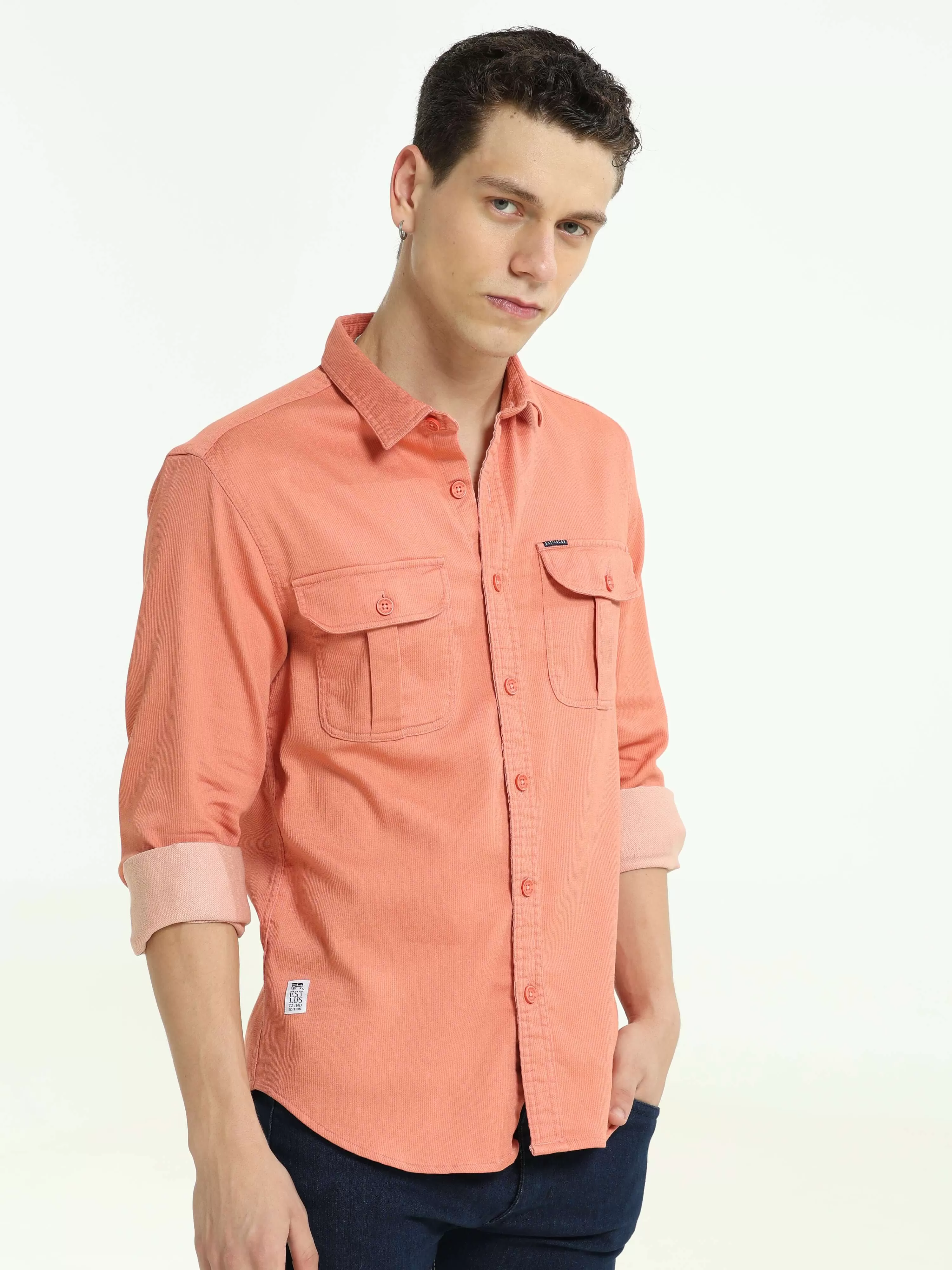 Salmon solid double pocket shirt