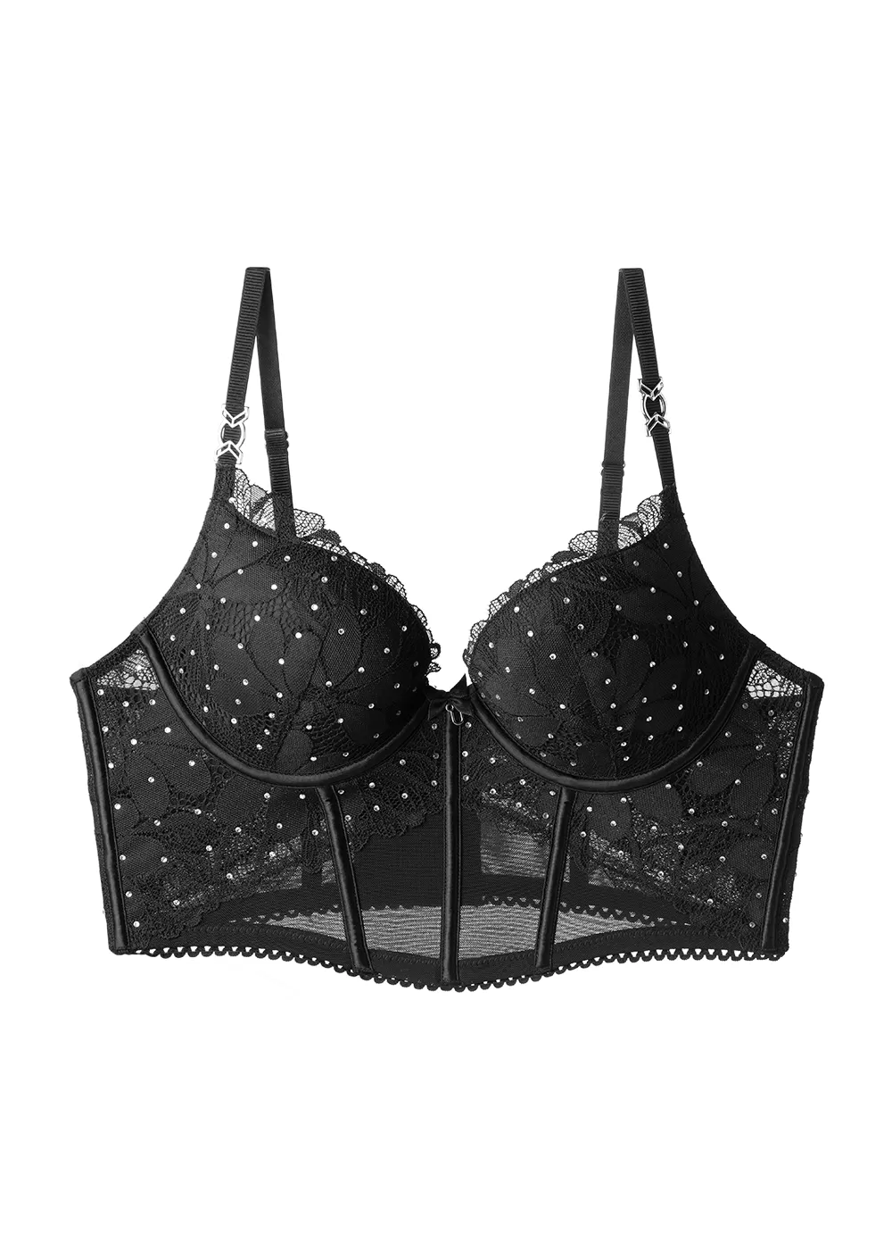 SHARON Plus Sexy Black Lace Push-Up Corset Long Demi Bra with Rhinestones